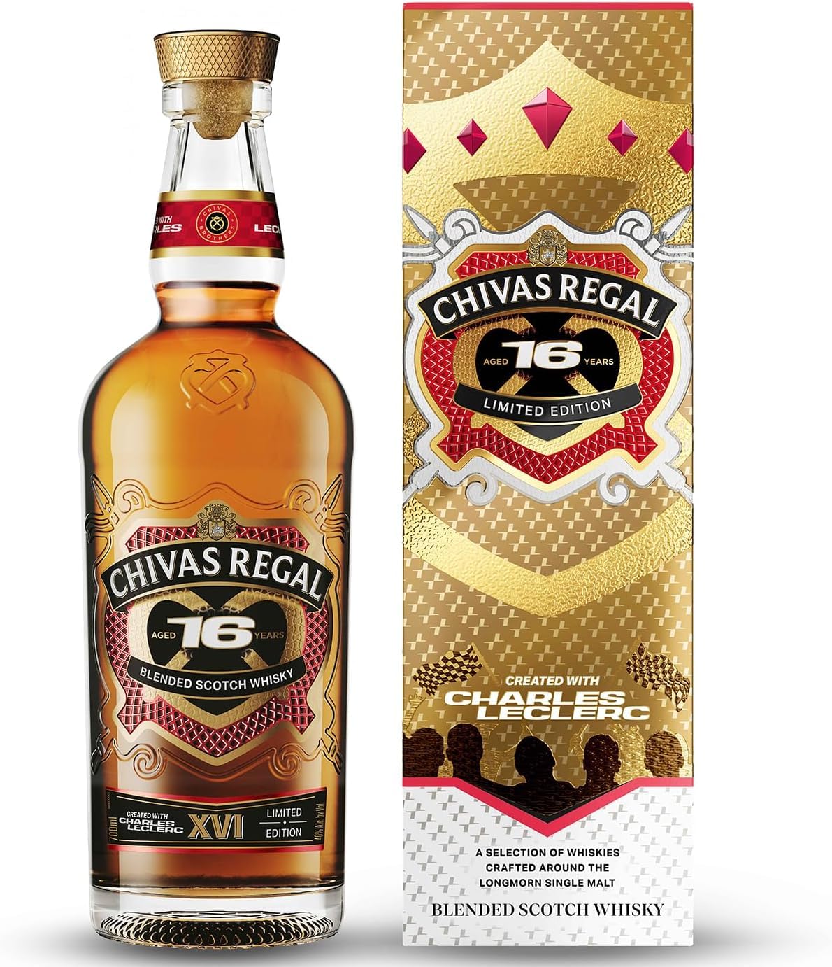 Chivas Regal 16 Years Old Charles Leclerc Limited Edition | Blended with 16 Scotch Whiskies | 40% | | Finished in Sherry Cask-matured Longmorn Single Malt | Rich, Velvety, Spiced (70cl)