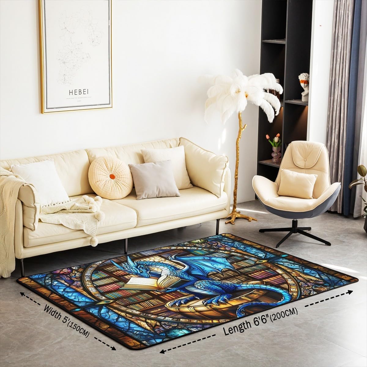 Westlicher Drache Wohnzimmer Teppich 150x200cm Geometrische Fantasy Buchregal Schlafzimmerbereich Teppich für Jungen Mädchen Trippy Chic Bodenmatte Heimdekor