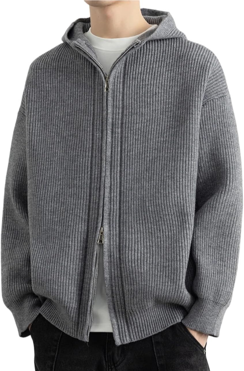Men's Hooded Zippered Sweater Fall Winter Loose Knit Cardigan