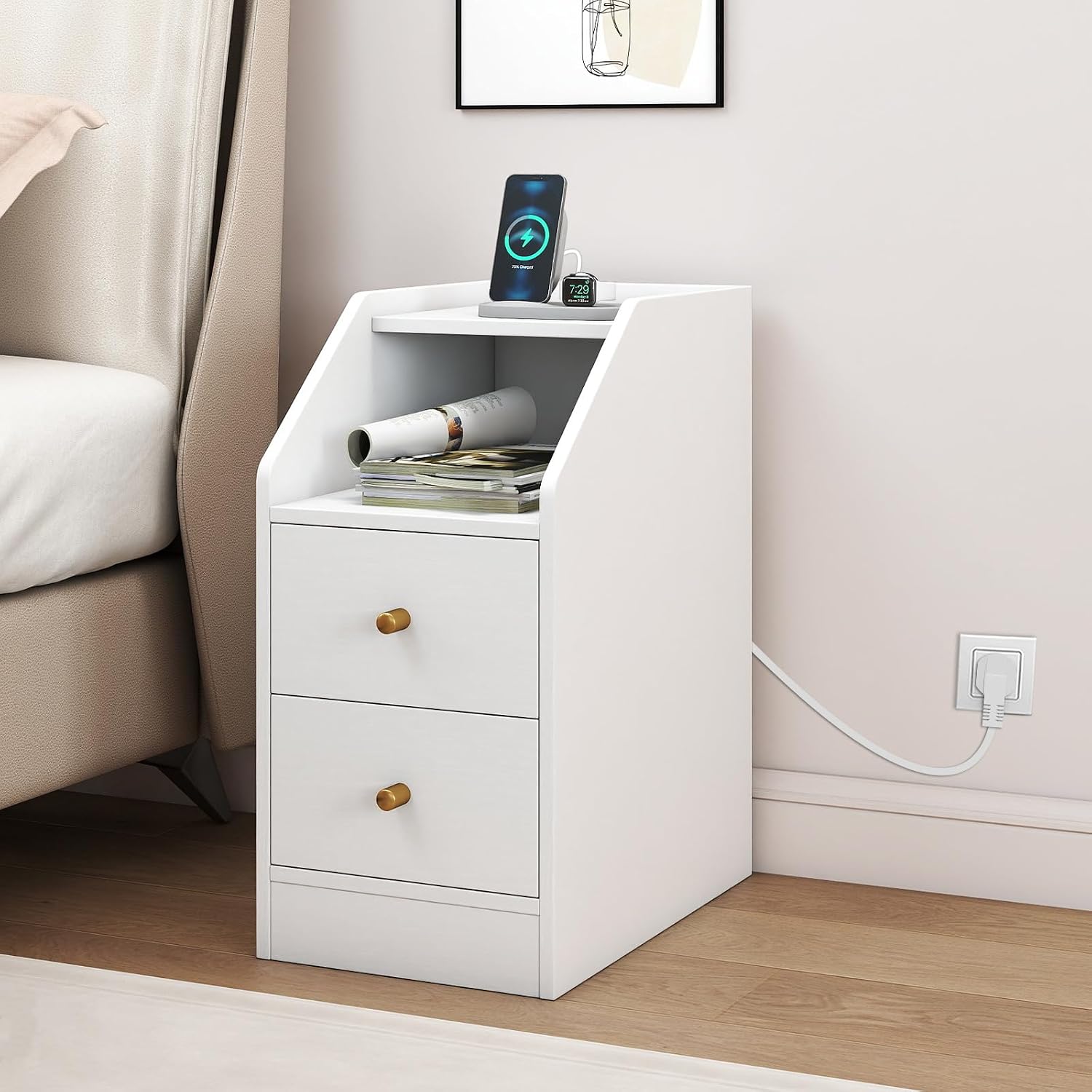 Giantex Night Stand with Charging Station - Sofa Couch End Side Table w/Open Shelf, Storage Drawers, USB & Type-C Port, Modern Narrow Nightstand Bedside Table for Bedroom Small Spaces (1, White)