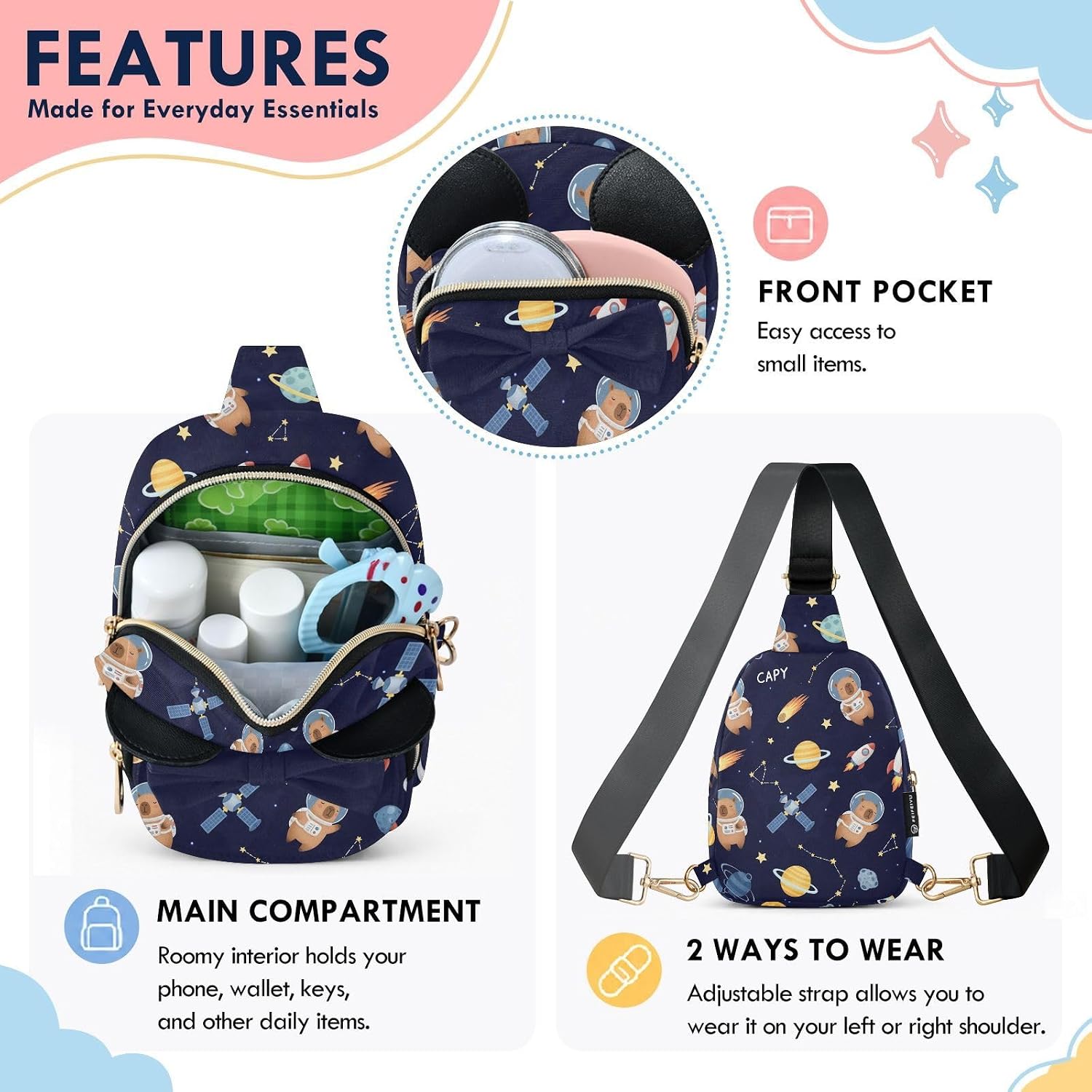 Capybara Kids Crossbody Bags for Girls, 7.5x5.7x3.1 In | Crossbody Fanny Pack, Toddler Purse, Cute Sling Belt Bag with Ears, 2L Small Shoulder Chest Bag for Travel