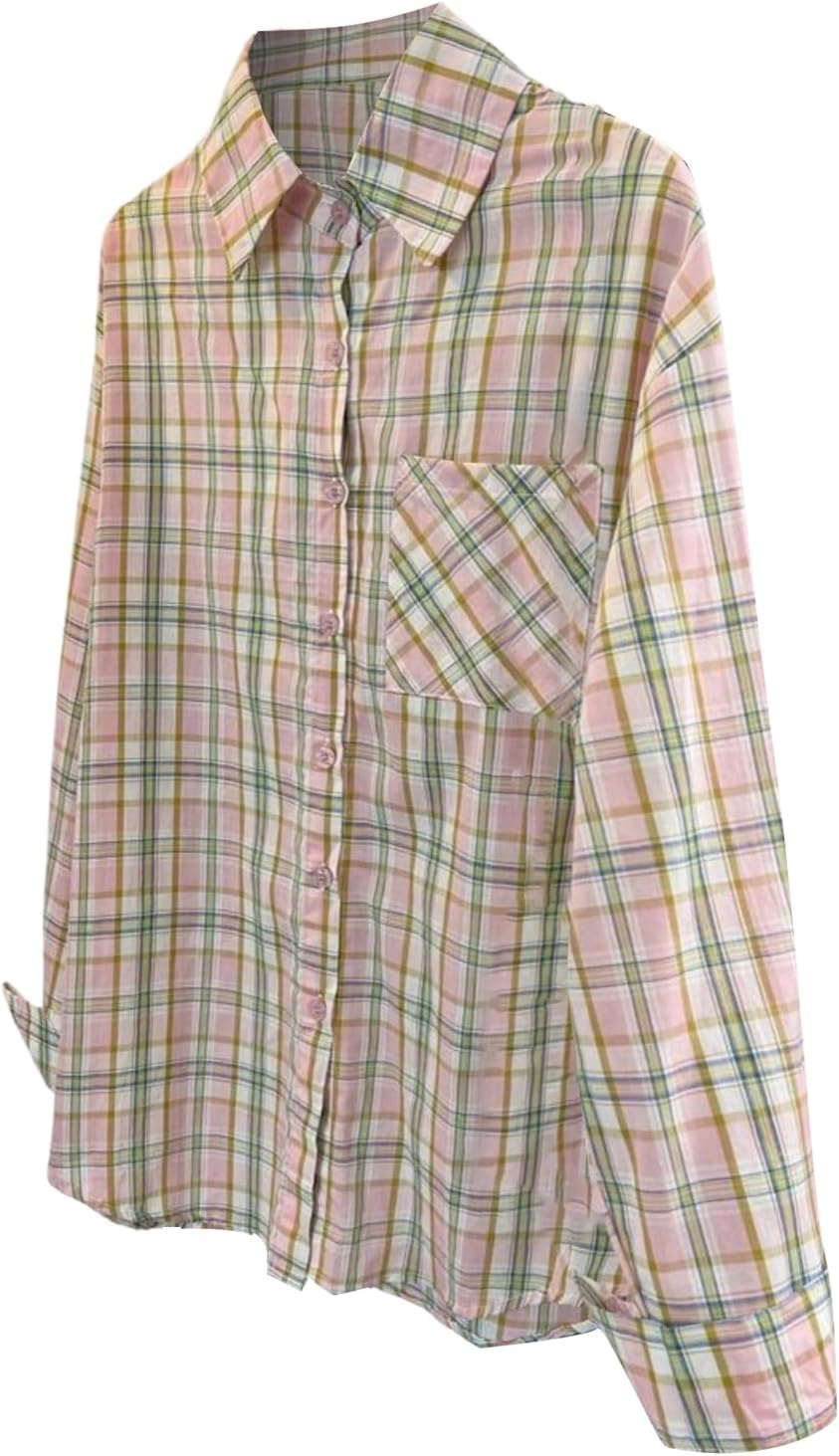 Floerns Women's Casual Long Sleeve Button Down Plaid Shirt Blouse Top