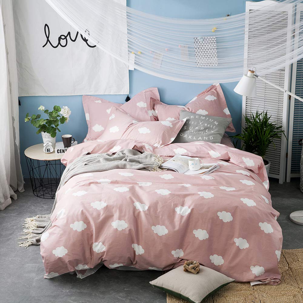 BuLuTu Cloud Queen Duvet Cover Queen Pink Washed Microfiber for Girls Women,Stylish Premium Modern Reversible Cute Kids Teen Bedding Sets Queen Comforter Cover with Zipper Closure,No Comforter