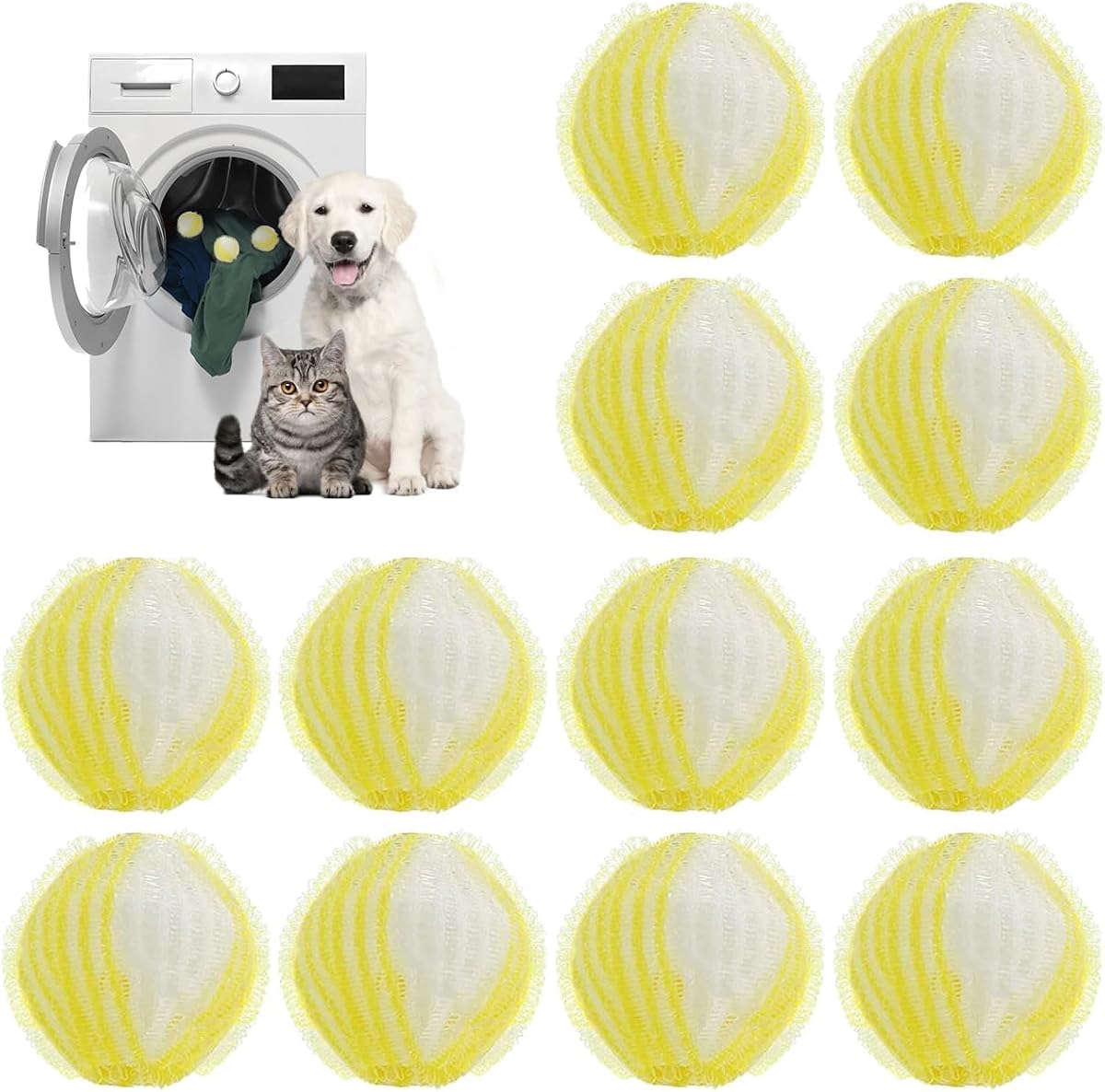 Prety 12 Pcs Atrapa Pelos Lavadora,Bolas Atrapa Pelos para Lavadora-Quita Pelos Mascota Reutilizables-Elimina Pelo de Perro/Gato,Pelusas y Suciedad-Compatible con Todas Las Lavadoras (Amarillo)