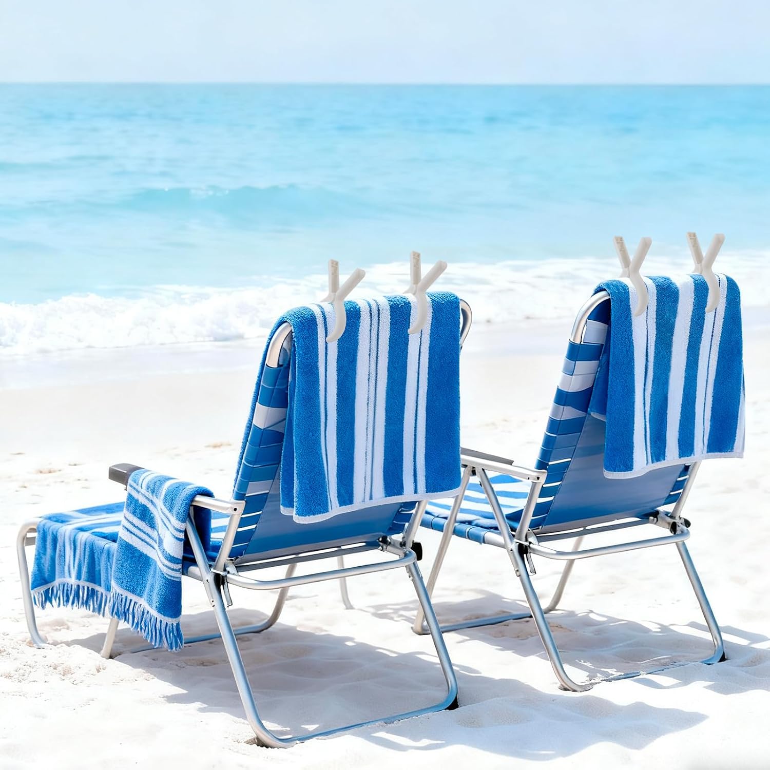 Jumbo Beach Towel Clips for Beach Chairs, 8 Pcs Towel Holder for Beach Chair Pool Chair on Cruise Essentials, Large Size Heavy Duty Clothes Pins, 5.1 Inch, White & Blue