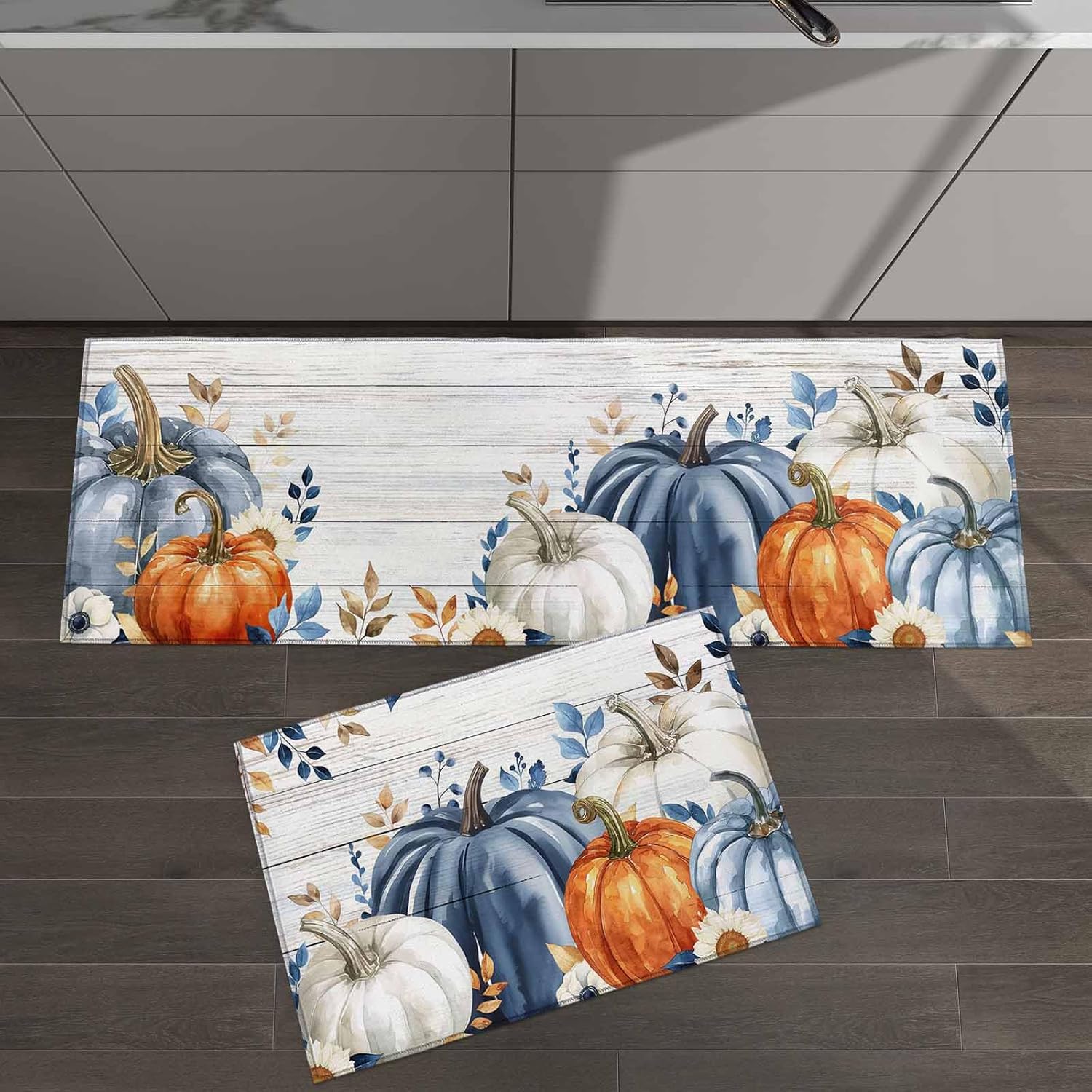 Fall Blue Pumpkin Kitchen Rugs 2Pcs Autumn Blue Orange Eucalyptus Leaves Thanksgiving Absorbent Non Slip Kitchen Mats and Rugs Wood Grain Kitchen Floor Mats for Sink Laundry 15.7x23.6in+15.7x47.2in