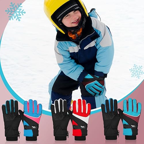 Miniatura 2 de Newcotte 3 pares de guantes de invierno impermeables de puño largo para niños guantes de esquí de nieve para mantenerse en el viento guantes cálidos