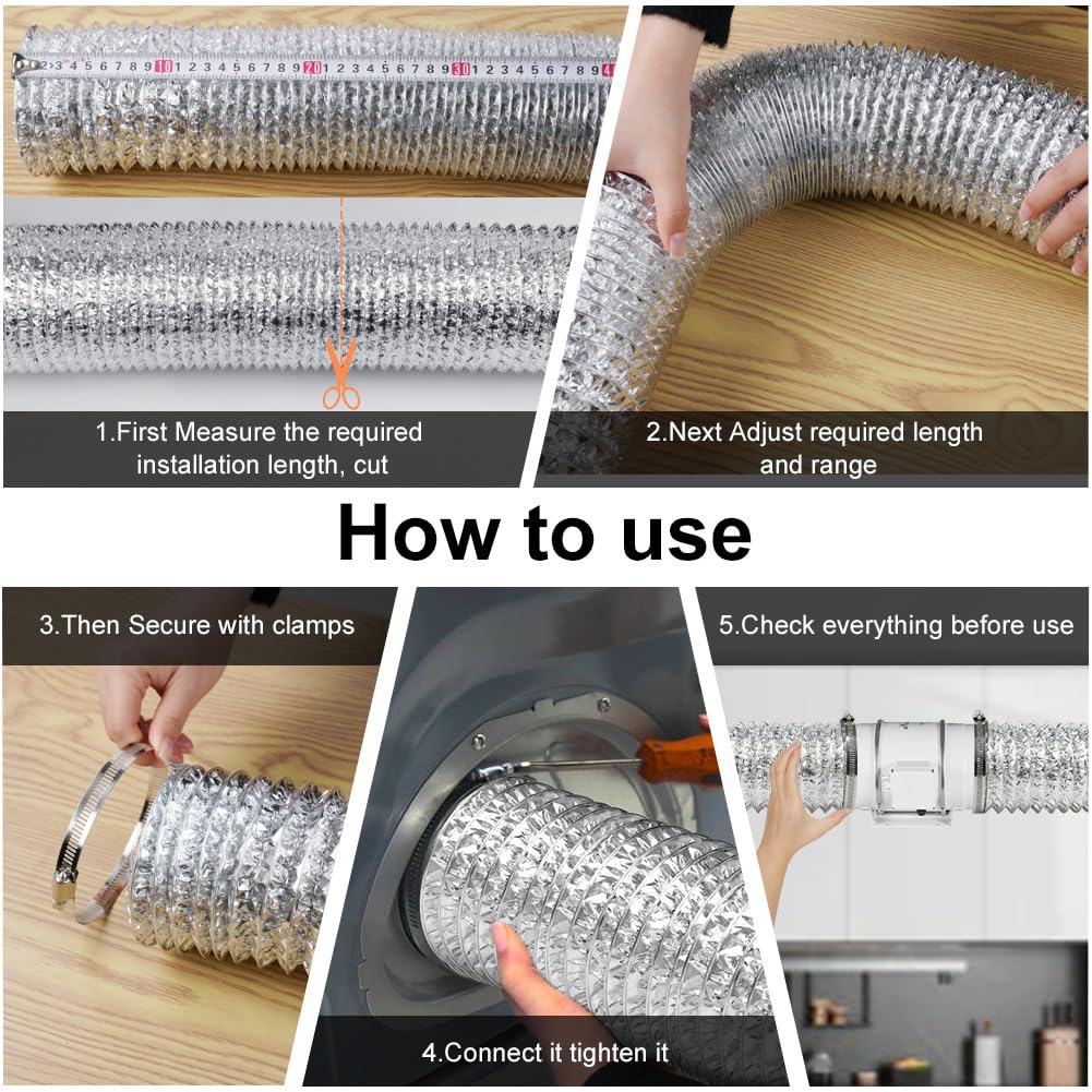 Manguera de ventilación de PVC de 100 mm,5 metros,tubo de aluminio con 2 Abrazaderas Acero Flexible di Aluminio PVC,para Kitchen,Baño,Climatización,de Ventilación Sistemas,plata