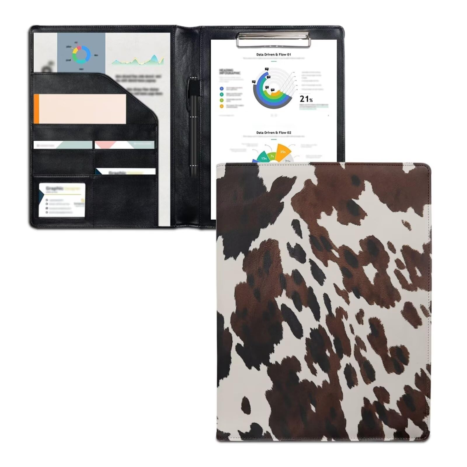 Coldinair Brown Cow Print Portfolio Organizer with Notepad Leather Padfolio Binder Business Resume Legal Pad Portfolio with Notebook Cowhide Clipboard