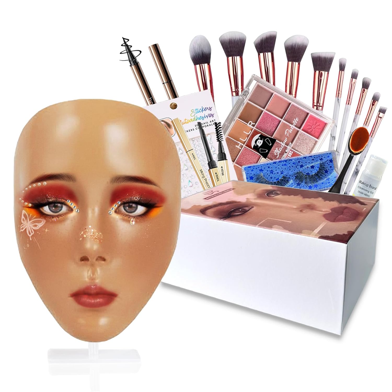Makeup Mannequin Face Kit, Silicone Face for Makeup Practice Full Face for Must Haves, Mannequin Eye Face for Makeup Practice with Makeup Brushes Set & Eye Shadow & Eyebrow Pencil(Wheat)