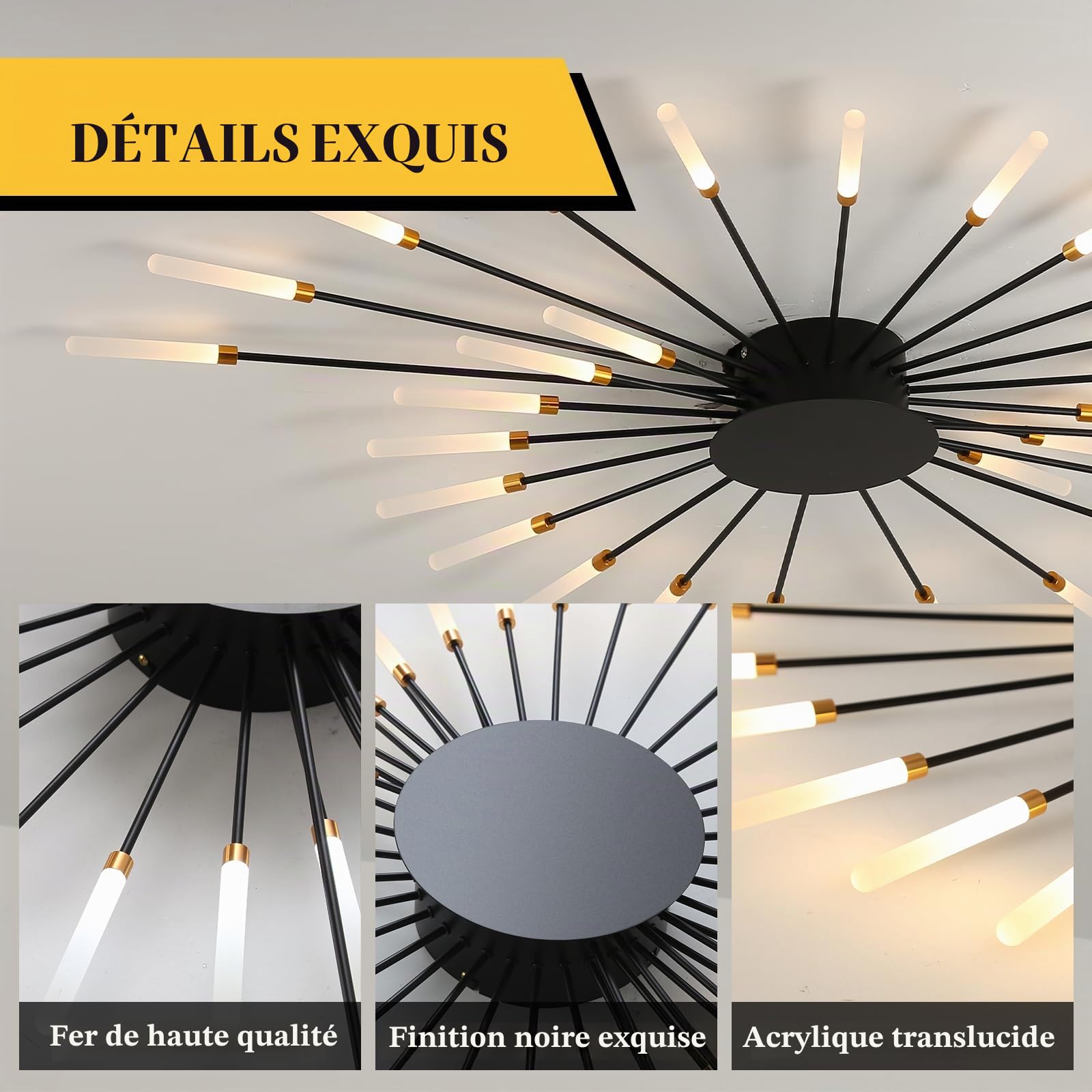 Plafonnier Led Moderne,28 TêTes À Intensité Variable,Plafonnier Semi-Encastré,Lustres Noirs Pour Chambre À Coucher,Salon,Cuisine,Salle À Manger, Restaurant,Bureau,3000-6000K Avec Télécommande