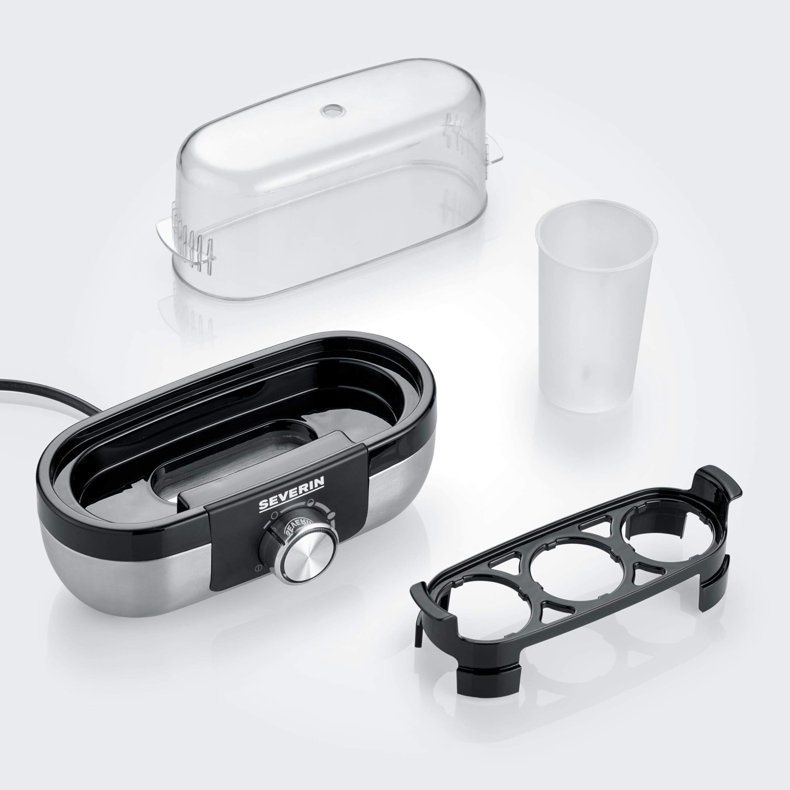 SEVERIN Cuiseur à œufs 270 W, Appareil de cuisson pour 1 à 3 œufs, Doseur d'Eau et Perce-Œufs Inclus, Cuit-œufs avec contrôle électronique du temps de cuisson, Inox, EK 3163