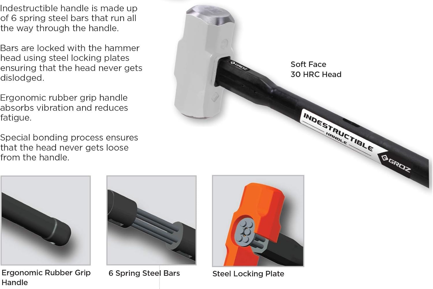 Groz 34565 36" Indestructible Sledge Hammer, 14 lb, Soft 30 HRC