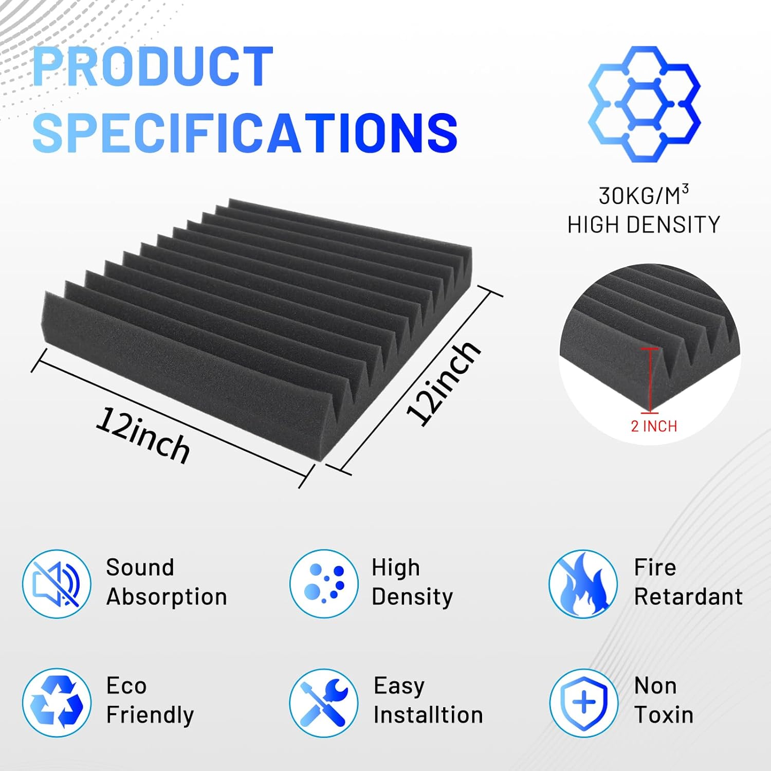 Focusound 36 Pack Sound Proof Foam Panels, 2" x 12" x 12" Acoustic Foam Panels With Self-Adhesive, High Density Soundproofing Wedge Panels for Studio Office Game Room