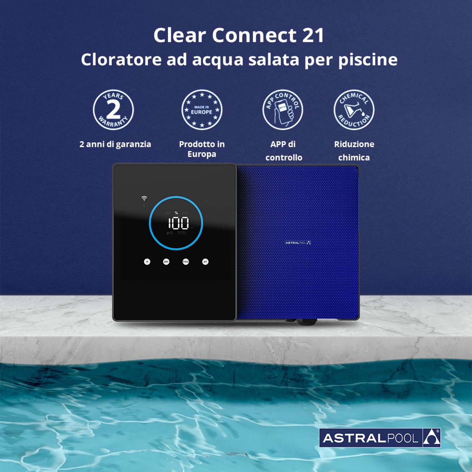 Clear Connect 21 - Cloratore a sale - Pulitore per piscine - Senza prodotti chimici - Elettrolisi del sale - Astralpool