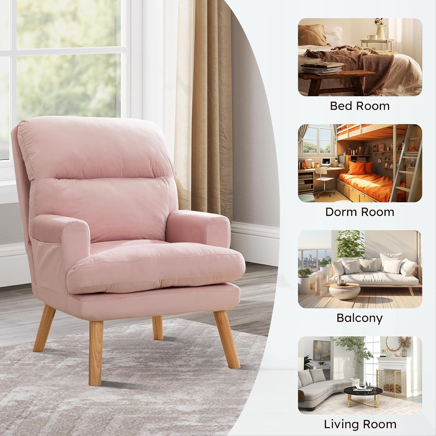 IOMOR Accent Chair with Ottoman Comfy Reading Chair Armchair with Adjustable Backrest and Side Pockets Soft Fabric Leisure Sofa for Bedroom, Living Room, Dorm Rooms, Garden, Pink