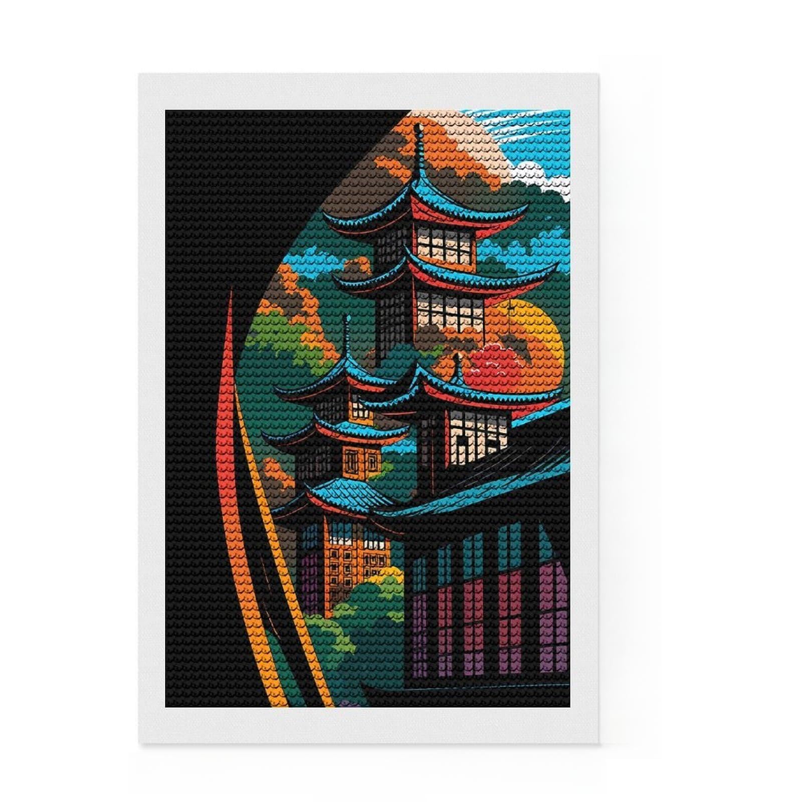 Junmoney Abstract Fantasy #14 - Japanese Pagoda Landscape Art Round Drill Diamond Painting 8"x12", for Women, Fun Craft Experience, Bedroom Decor, Holiday Gift Idea