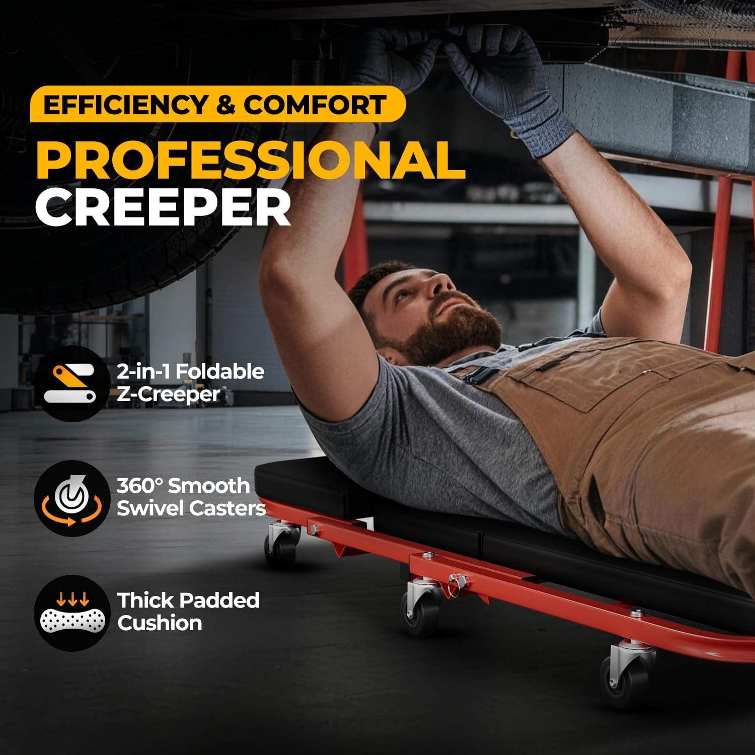 Auto Dynasty 40" Z-Creeper Seat, 2-in-1 Foldable Garage Creeper Shop Seat, 330 LBS Capacity Automotive Mechanic Repair Under Car Rolling Creeper Seat, Red