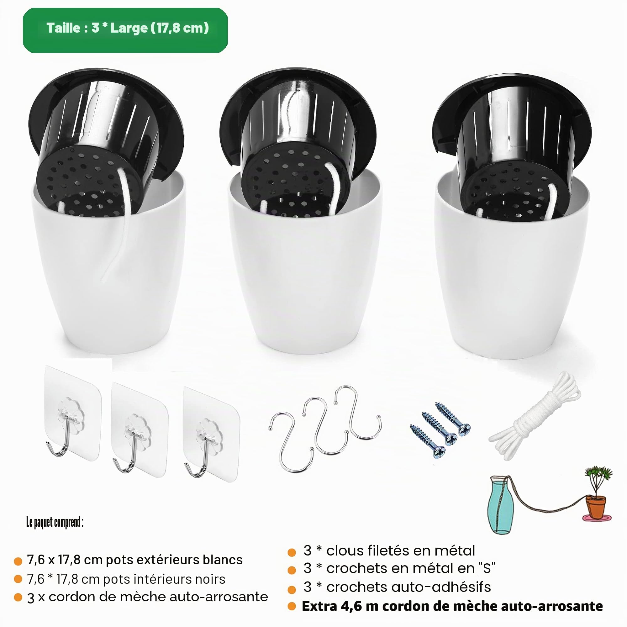 ORIMERC Lot de 3 Pots de jardinière Suspendus à arrosage Automatique Fenêtre de Jardin Verticale Montage Suspendu Herbes de Cuisine Balcon Balustrade Étagère Clôture Chambre Treillis (3*Grand)