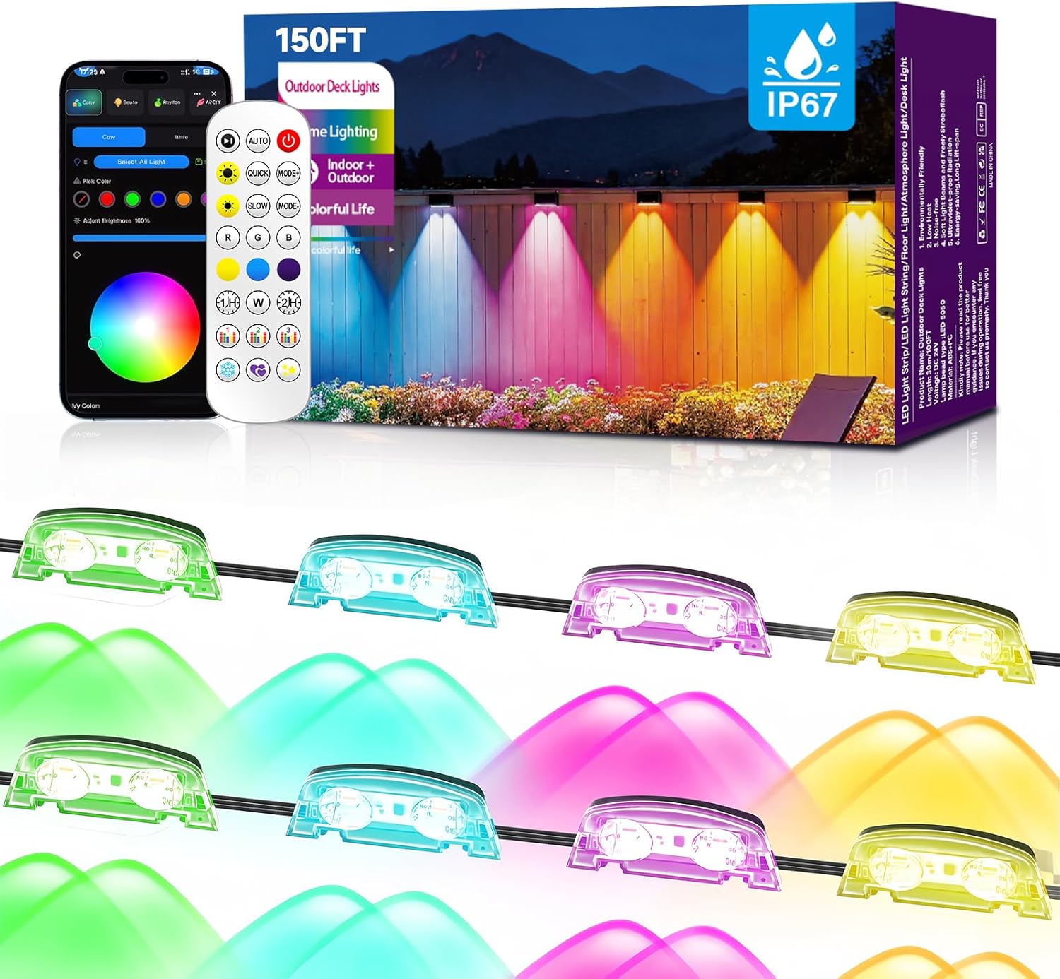 AHAWILL Outdoor Fence Lights,7 Fixed Colors & Color Changing Modes,IP67 Smart Fence Lighting with Remote Control,App Control,LED Light for Outdoor Decor,Wired 24 Packs(150ft)