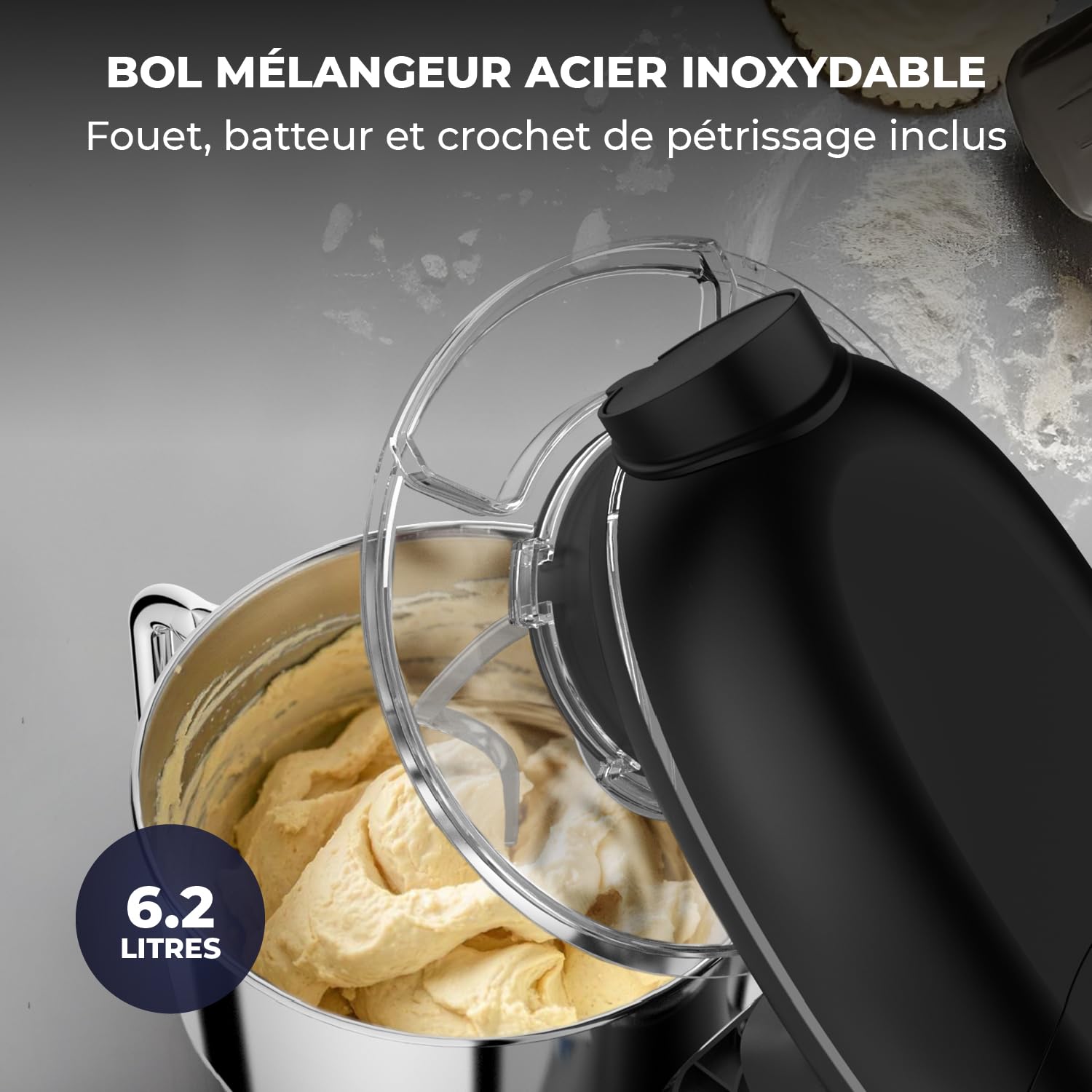 Robot Pâtissier avec Machine a Pates Fraiche – 2000W – Robot Cuisine avec Machine a Pate – Laminoir a Pate - 6,2L Bol Mélangeur (Noir)