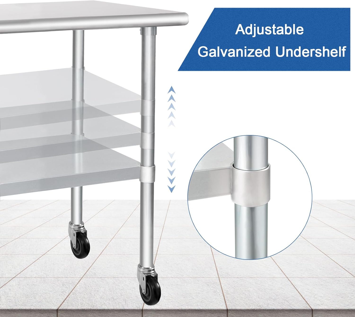 HARDURA Stainless Steel Table with Wheels 24 x 30 Inches Casters NSF Heavy Duty Commercial Work & Prep Table with Undershelf and Galvanized Legs for Restaurant Kitchen Bar and Hotel Garage