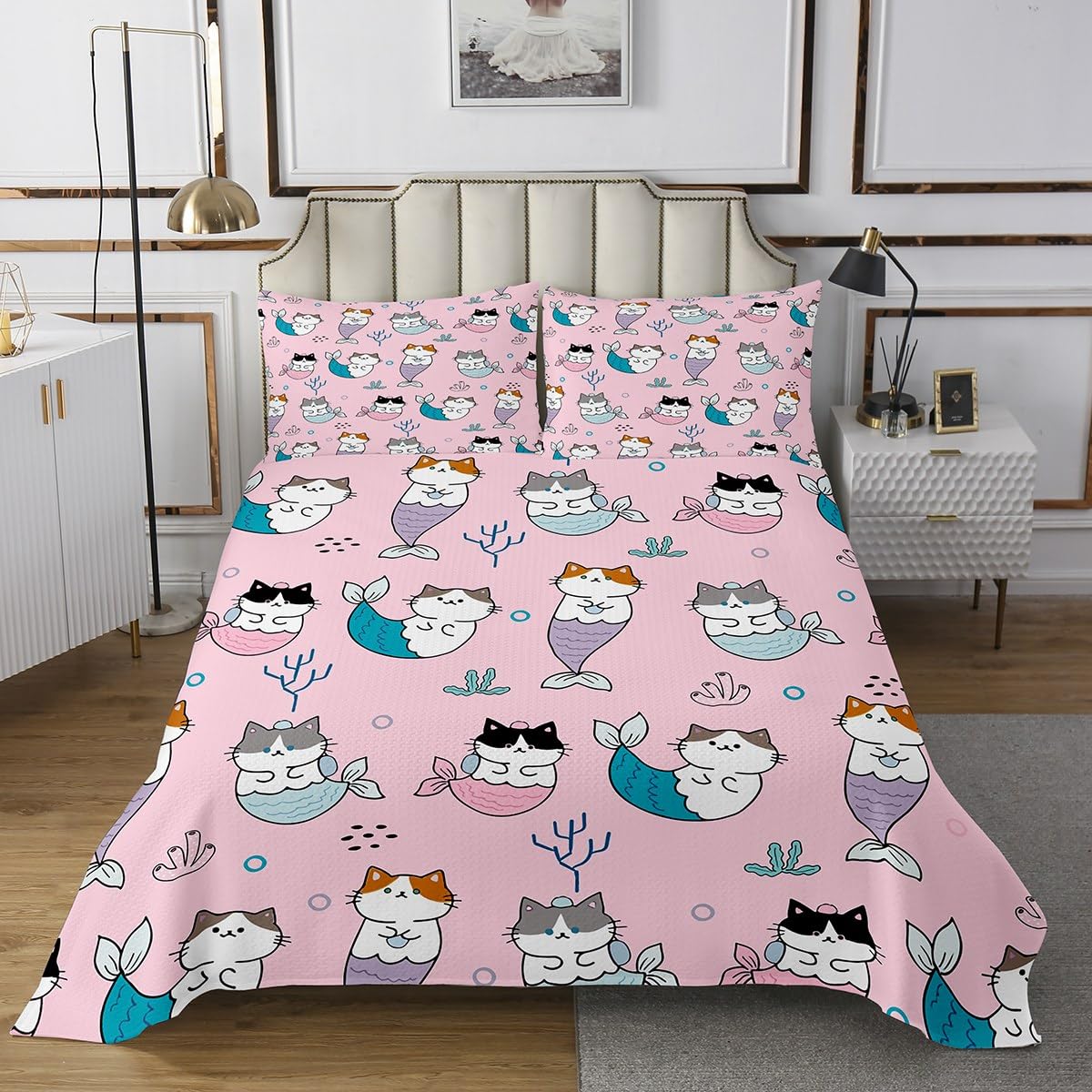 Feelyou Kids Cute Kitten Coverlet Set King Size, Mermaid Cat Quilted Coverlet Boys Girls Cats Print Bedspread Kawaii Teens Bedroom Decor 3Pcs