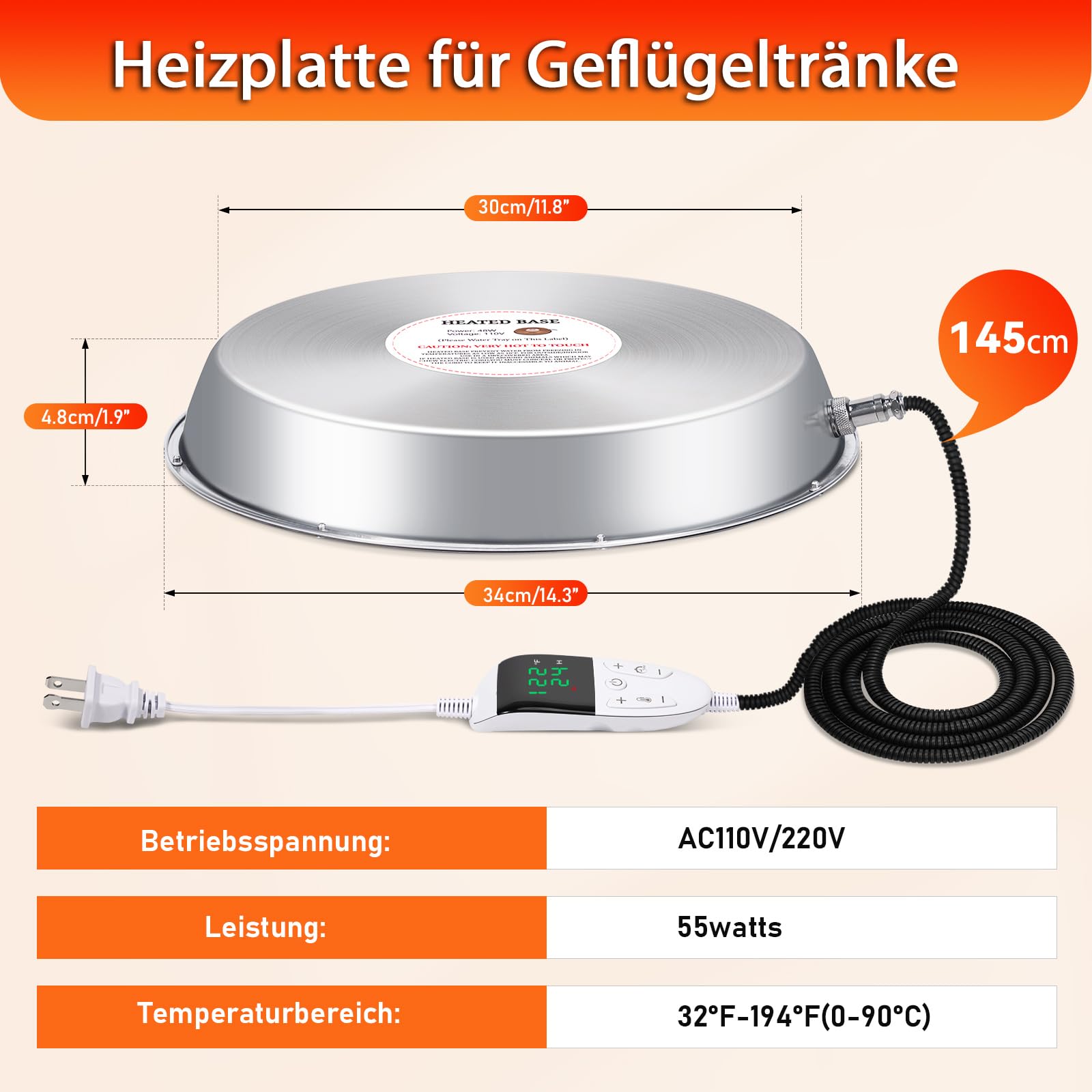 Heizplatte Für Geflügeltränke 55w, Wärmeplatte Aus Edelstahl Für Hühnertränke, Heizung Für Hühnertränke Kann Von 0-90°C Eingestellt Werden, Tränkenheizung, Tränke Wärmeplatte (34cm)