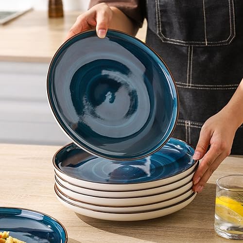 Miniatura 6 de Juego de 6 platos llanos de cerámica de 10 pulgadas, platos de cocina de cerámica, aptos para microondas y lavavajillas, azul marino