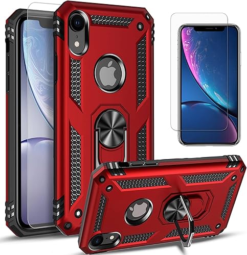 Miniatura 9 de Funda protectora para iPhone XR, con protector de pantalla de vidrio templado incluido, funda protectora de doble capa de grado militar con anillo