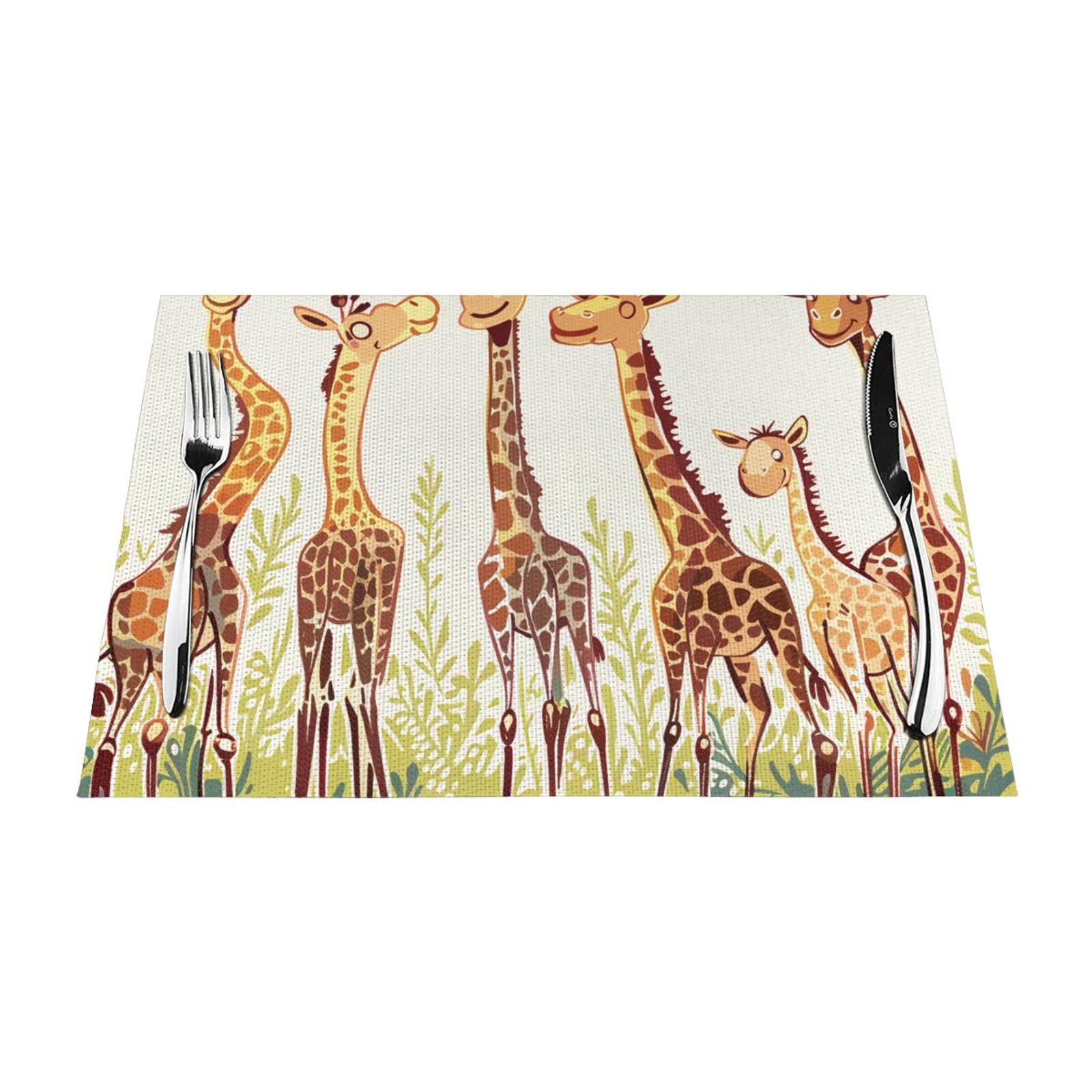 Beivgoxl Black Cute Wild Cartoon Giraffes Printed Placemats Set Of 1,12X18 Inch Heat Resistant Non-Slip Vinyl Woven Washable Table Mat, For Thanksgiving, Christmas Dinner & Outdoor Parties Dining Decoration