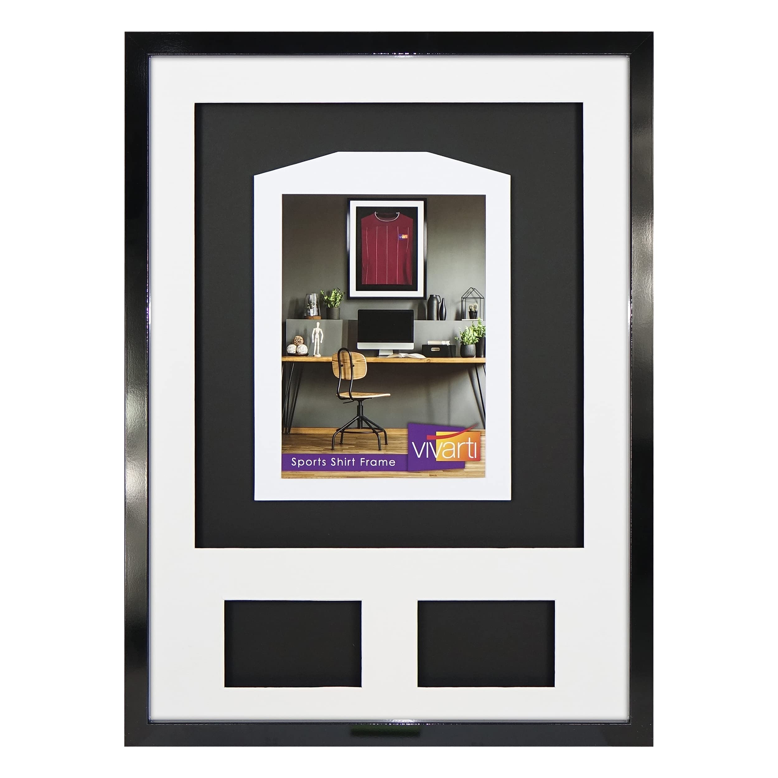 Vivarti DIY - Marco de visualización para camisa deportiva con doble apertura (50 x 70 cm), color negro brillante, soporte blanco, tarjeta trasera negra