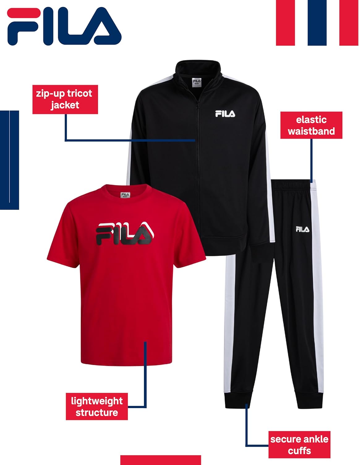 Fila Boys Tracksuit Set - 3 Piece Athletic Youth Shirts Tricot Jacket and Pants for Boys and Toddlers Kids Athletic Pants Set - Image 2