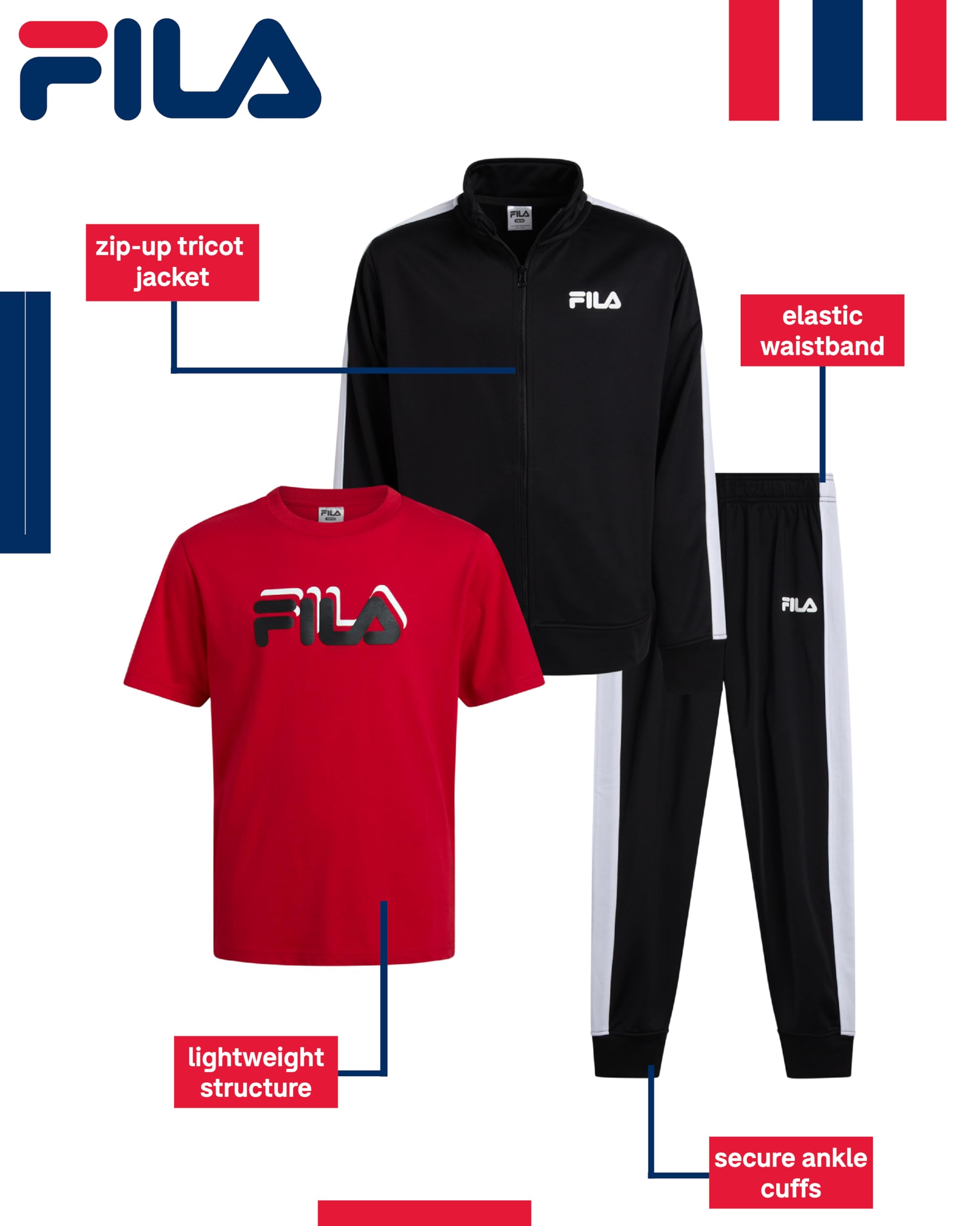 Fila Conjunto de chándal para niños, 3 piezas, camisa atlética de manga corta, chaqueta de tricot, pantalones deportivos para niños pequeños y niños
