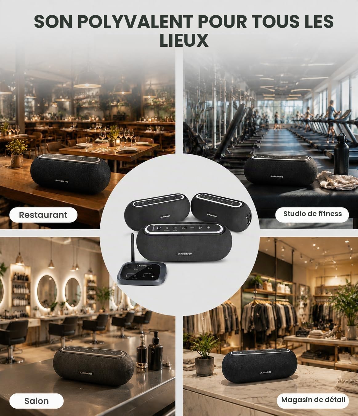 Avantree Harmony A2 – Système D’Enceintes Auracast sans Fil pour Audio D’Ambiance À La Maison, Extensible, Contrôle À Un Bouton, Bluetooth/Optique/AUX, pour Magasins Et Petits Espaces