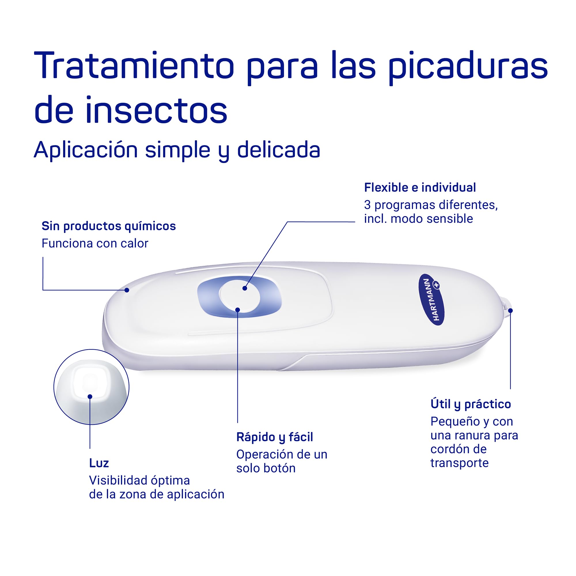 HARTMANN Dispositivo para Picaduras de Insectos y Mosquito, Alivia el Picor y el Hinchazón Mediante el Uso de Calor, Sin Químicos, 3 Intensidades, Modo Sensible, Con Función de Luz