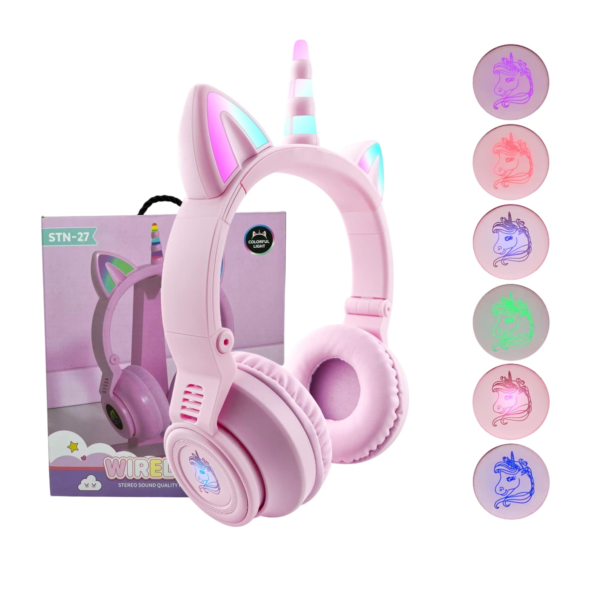 Cuffie Bluetooth con unicorno, per ragazze e ragazzi, per computer portatili, tablet, illuminazione LED, per compleanni, viaggi, scuola, regali (viola rosa)