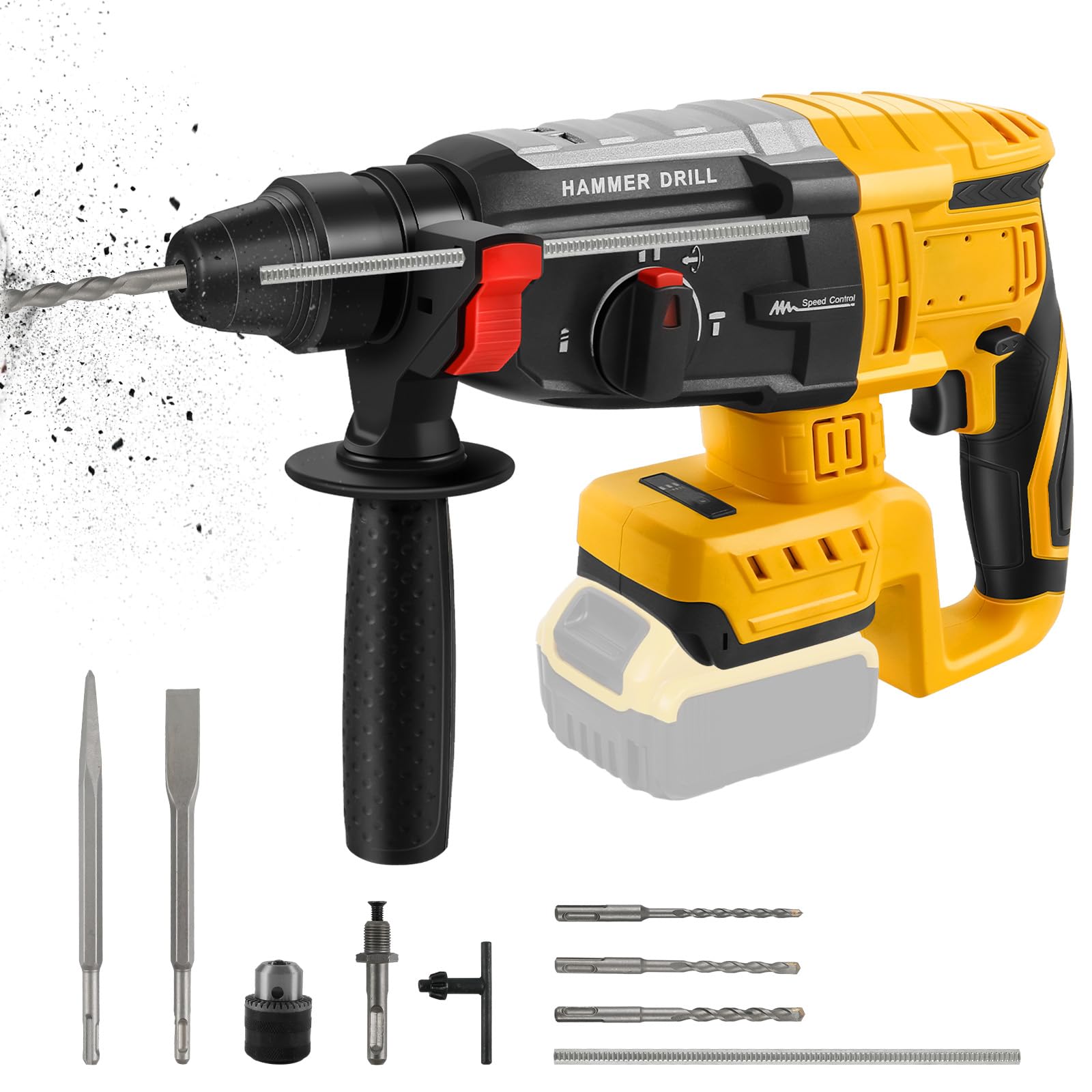 Roadtime 2.6J Hammer de forage 600W pour DeWalt 20Vbatterie (sans batterie) | vitesse du marteau 1100 tr/min,hammer combiné avec broche de forage 3x SDS PLUS,avec 4 fonctions