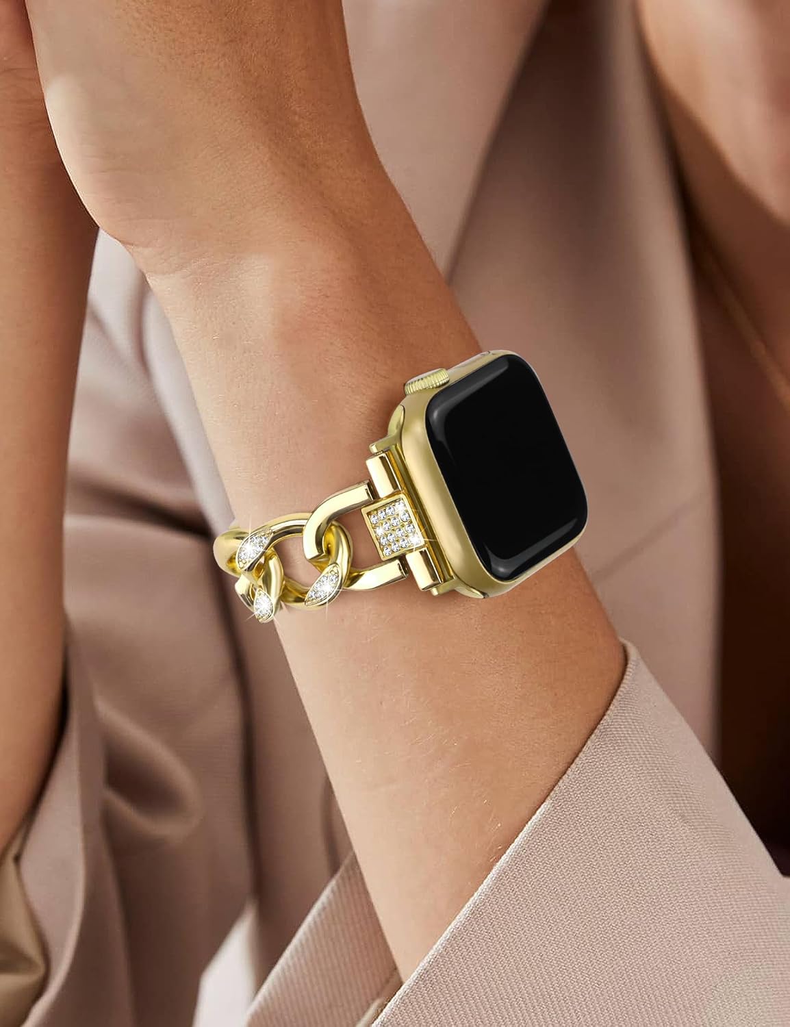 JR.DM Gold Watch Bands for Women Compatible with Apple Watch 38mm 40mm 41mm 42mm(S10/11) Bling Diamond Adjustable Metal Single Chain Bracelet for iWatch Series 11/10/9/8/7/6/5/4 SE 3/2/1(No Case) - Image 7