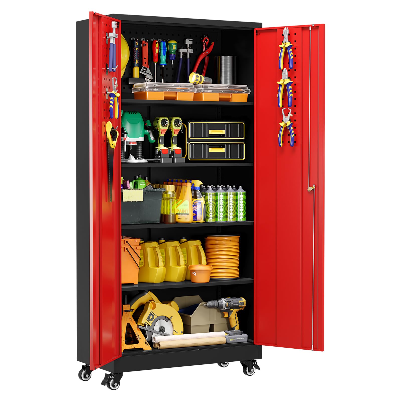 Sightlife Armoire Garage avec pegboard, Armoire à Outils en métal avec roulettes,78 x 78 x 179 cm, tôle d'acier, 4 Étagères Réglables avec 2 serrures, en Métal,Rouge