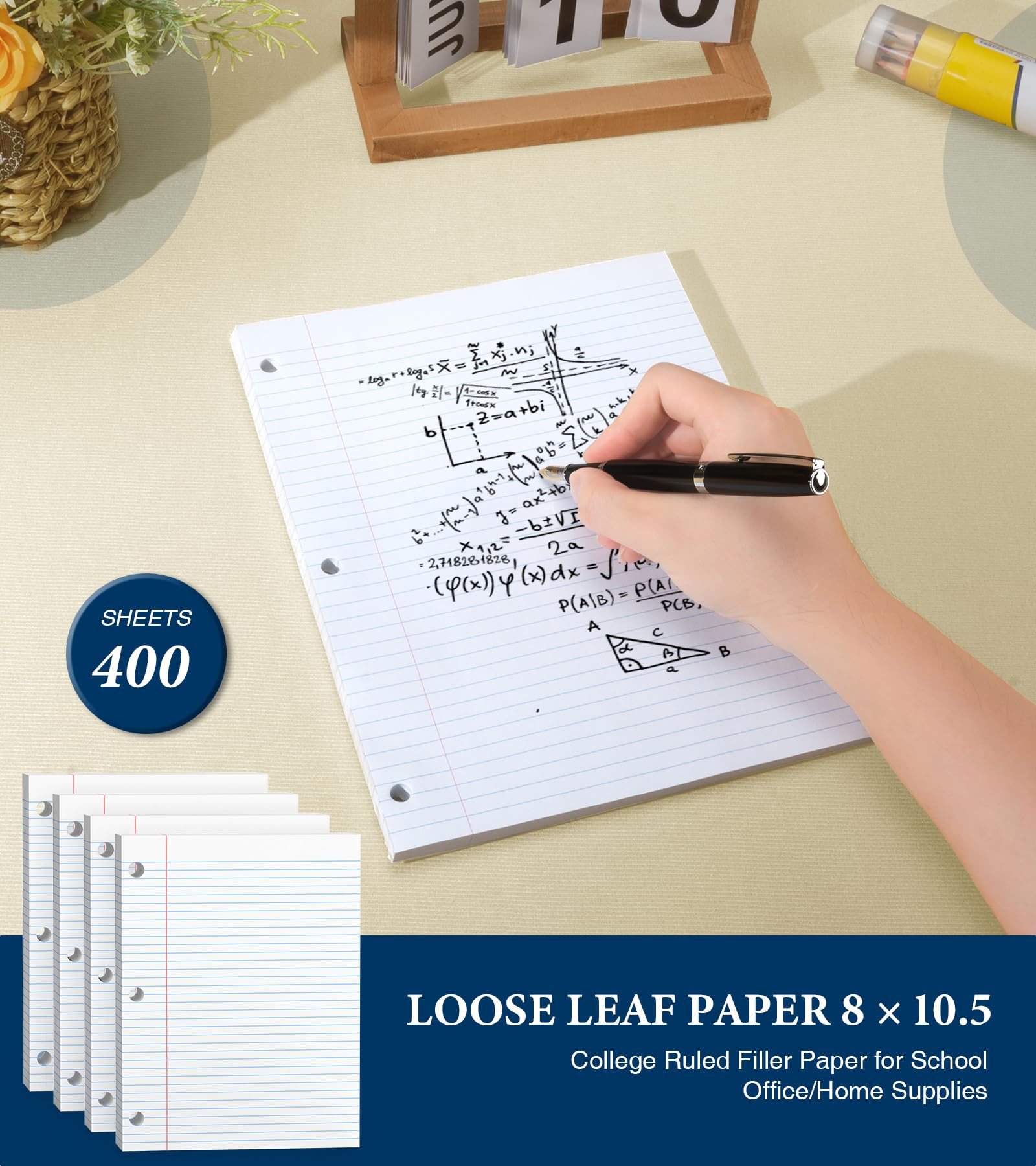 Papel de hojas sueltas con rayas universitarias, papel de perforación de 3 agujeros de 8 x 10.5 pulgadas, papel de cuaderno reforzado para carpetas de 3 anillos, papel rayado universitario, 100
