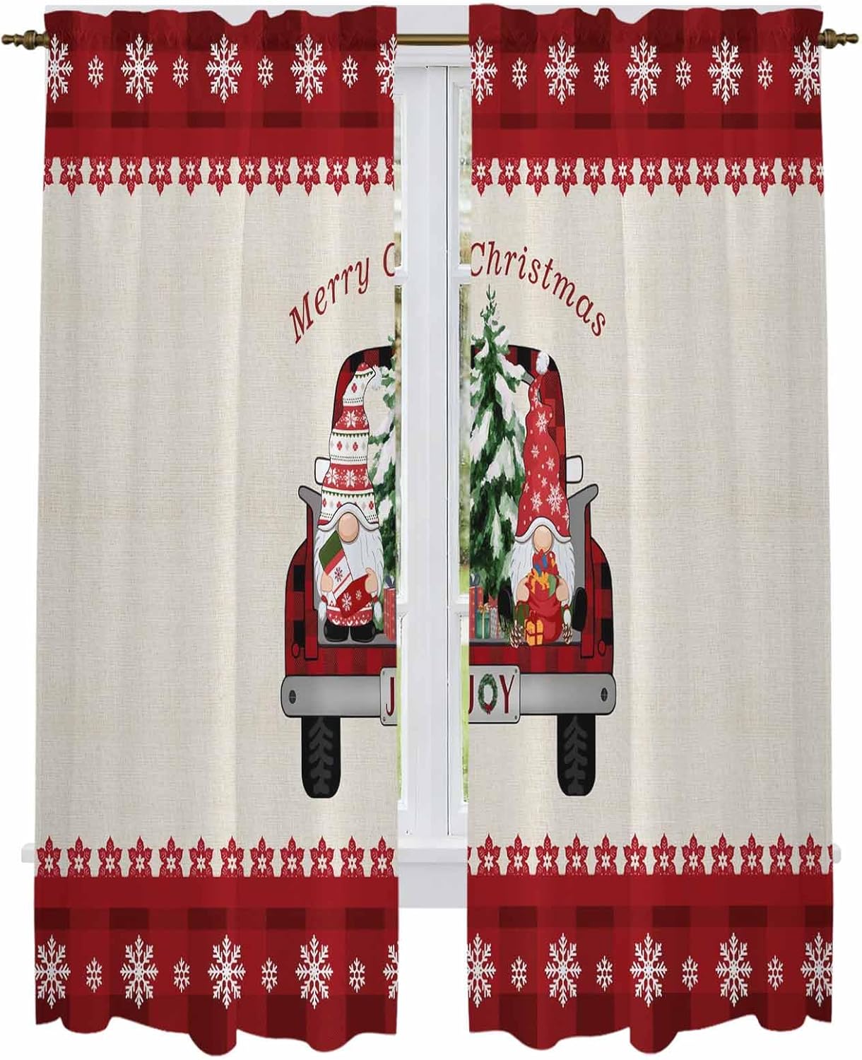 Red Christmas Window Curtains 72 Inch Long 2 Panel Set, Rod Pocket Long Curtains & Drapes, Gnomes Truck Xmas Tree Snowflake Winter Light Filtering Window Treatment for Bedroom Living Room 52"W x 72"L