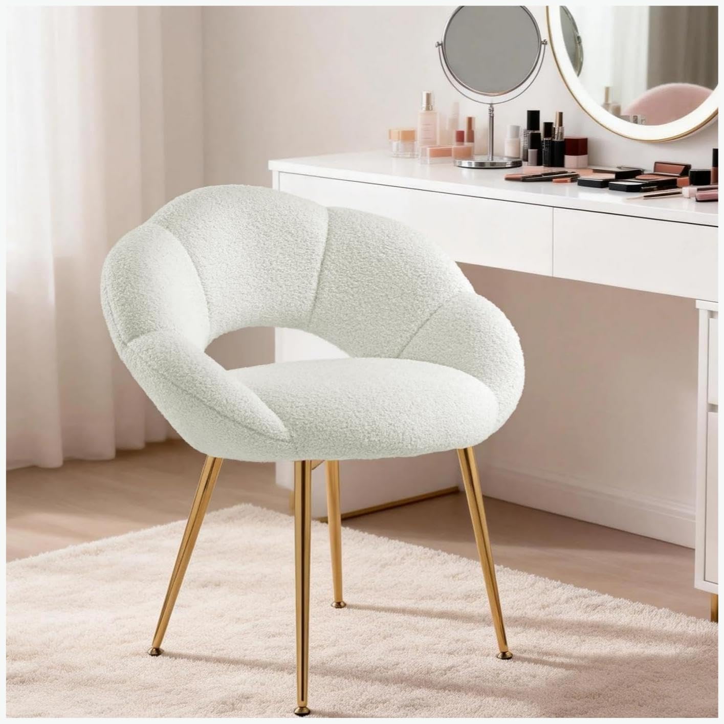 Sedia da Scrivania Imbottita e Comoda - Poltrona da Ufficio con Schienale Floreale - Sedia Moderna per Trucco in Tessuto Teddy - Oro e Bianco