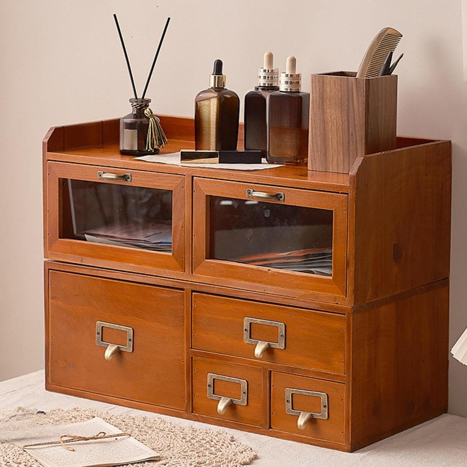 Schreibtisch Organizer Aus Holz mit Schubladen, Multifunktionaler Schreibtisch Organizer, Aufbewahrungsschrank für Toilettenartikel Und Briefe, 4 Schubladen