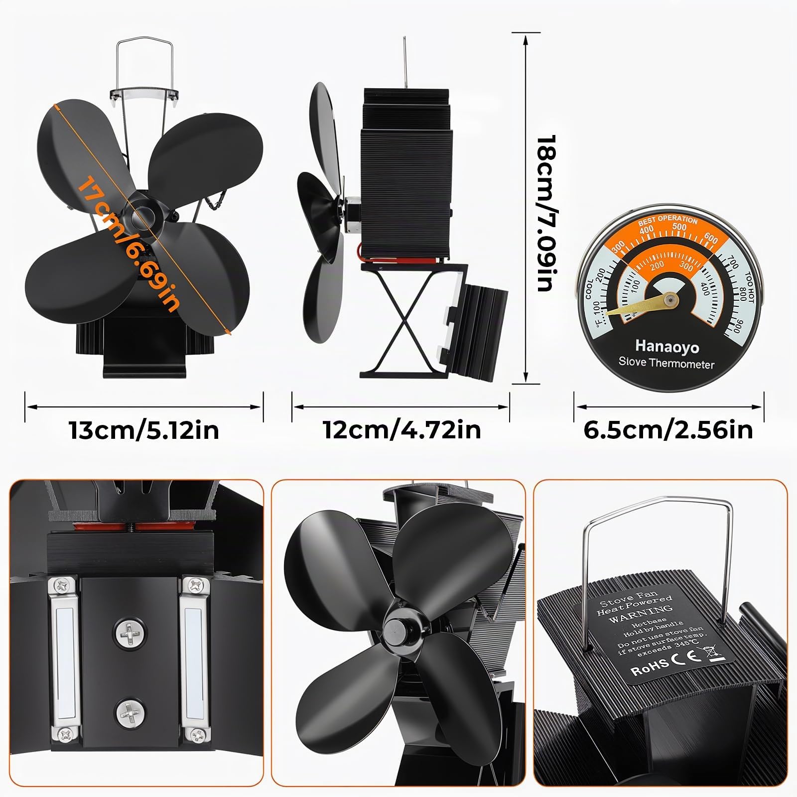 Ventilatore magnetico 3 in 1, migliorato ventilatore per stufa, senza corrente, silenzioso, con termometro e 2 anelli di ricambio, ventilatore per legna da ardere, focolare