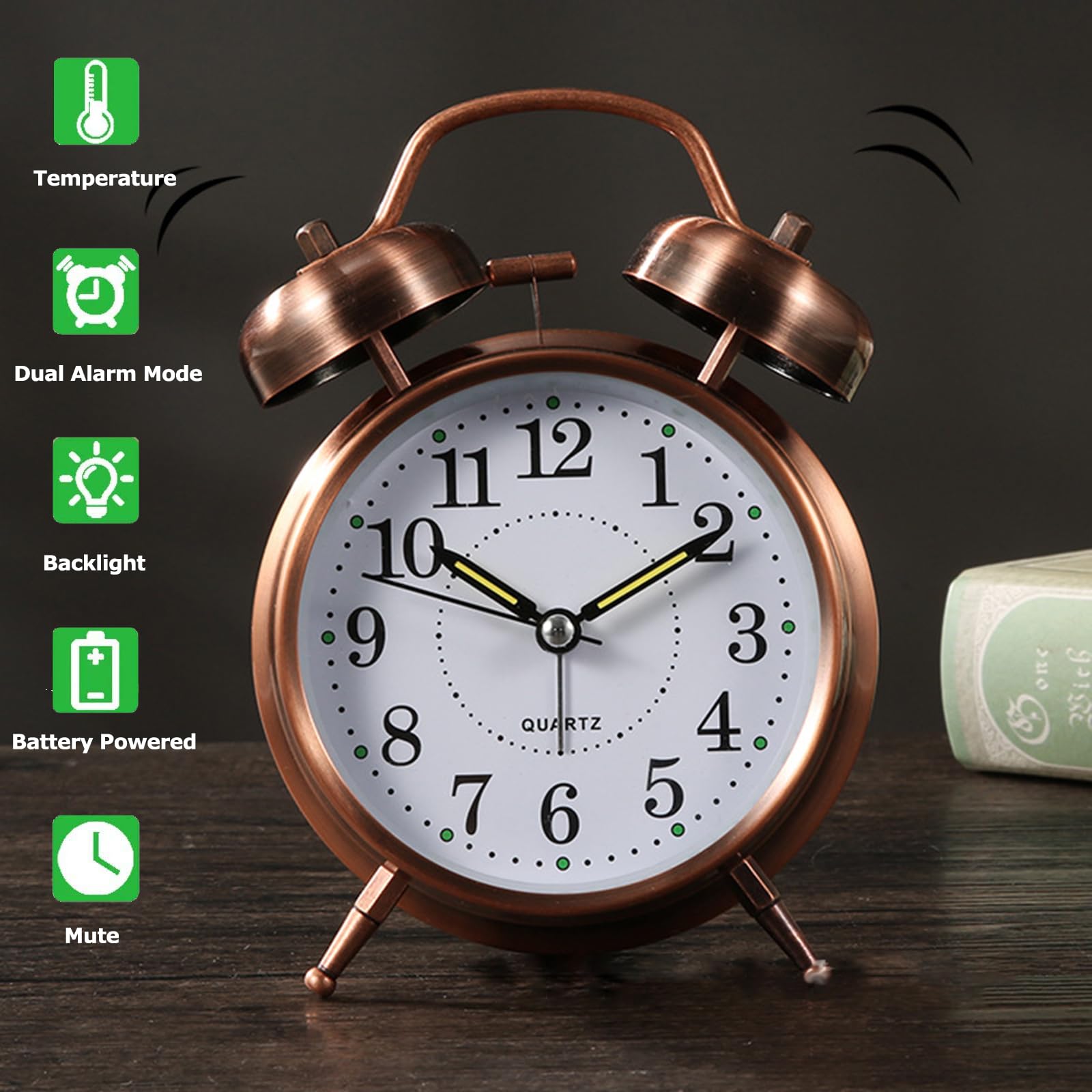 Réveil Cloche Classique Rétro SOONHUA - Double Sonnerie Forte Avec Veilleuse LED, Analogique Quartz Silencieux
