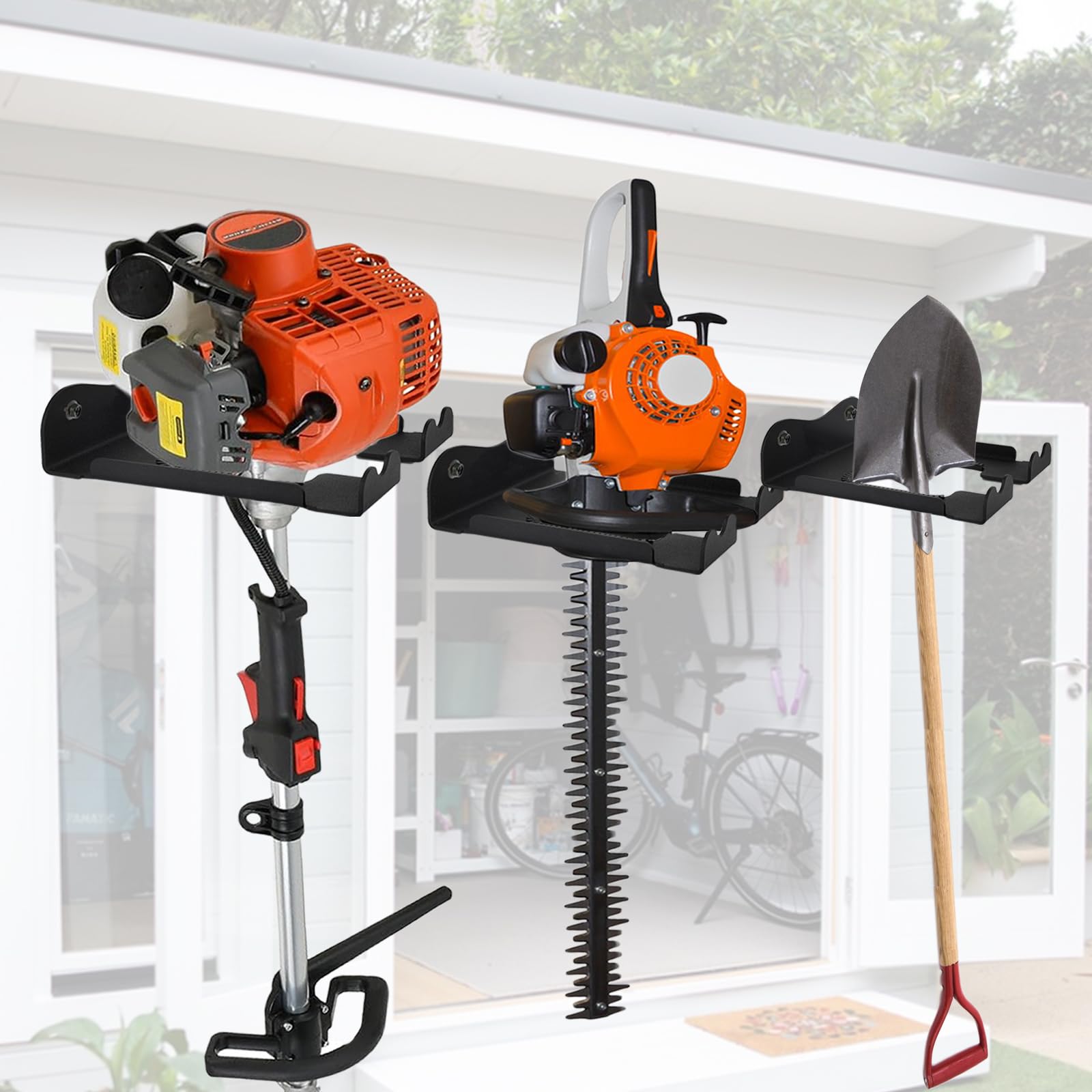 Organizador de garaje de 2 piezas, colgador de desbrozadora resistente, colgador de recortadora, perchas para pared de garaje, organizador de herramientas de jardín, perchas de herramientas 2