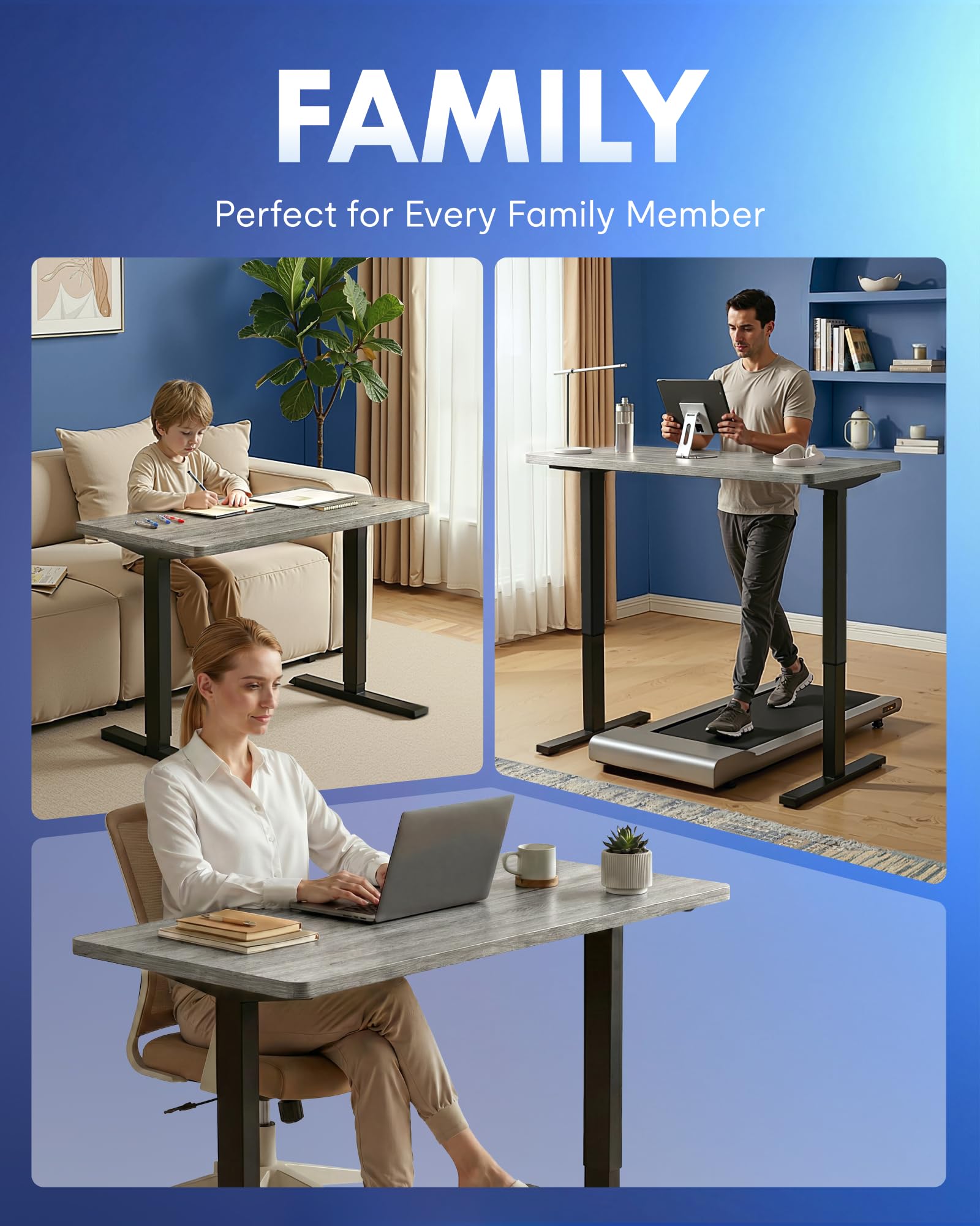 FLEXISPOT EN1 One-Piece Standing Desk, Electric Adjustable with 4 Memory Presets, 176 LBS Capacity, Stable & Quiet, Seamless Desktop for Home Office & Dual Monitors, 48"x24" Gray Wood view 7