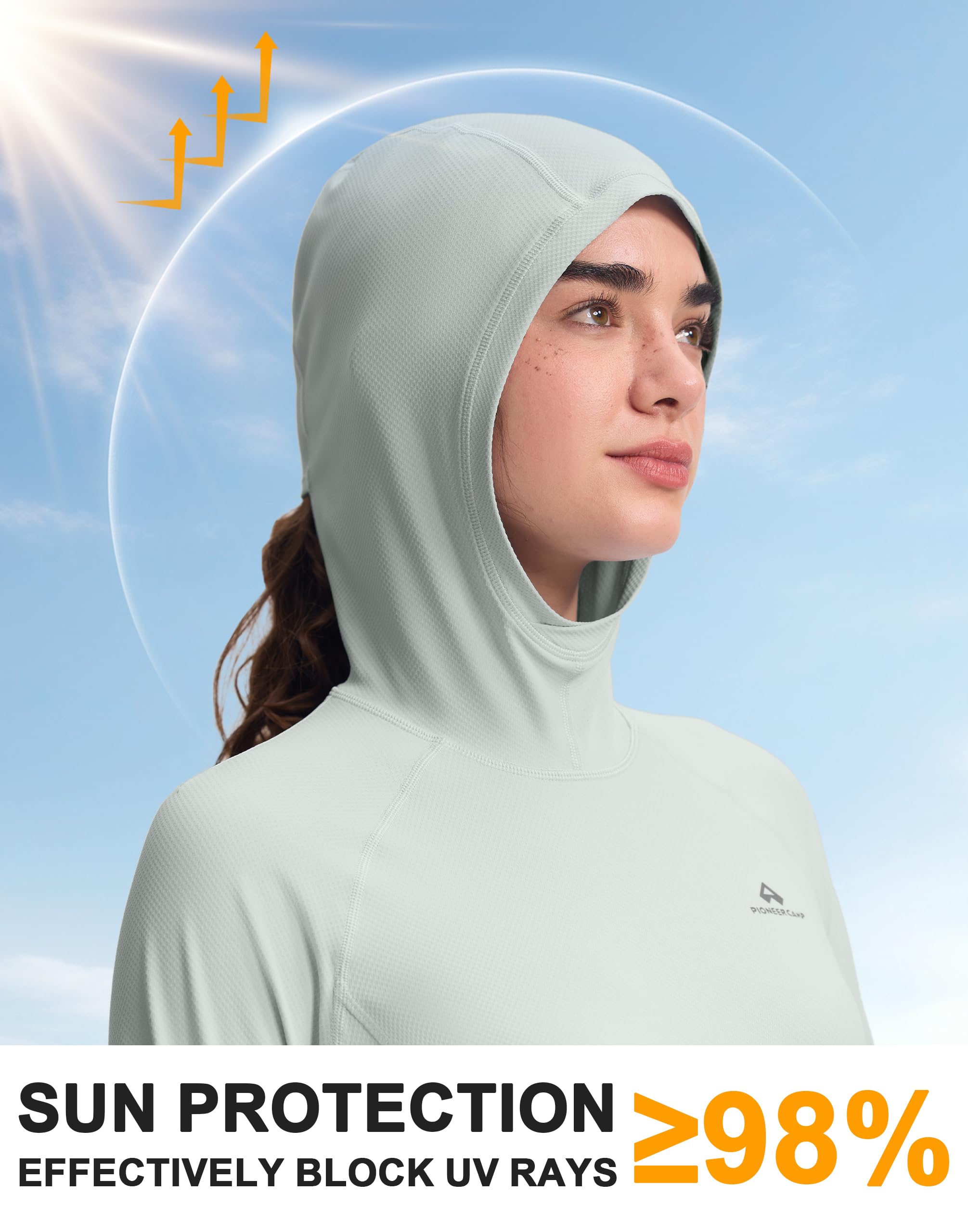 Pioneer Camp Sun Hoodie Damen UV-Schutz Langarm, Leichte Fast-Dry Wanderungshirt mit Kapuze, 50+ UPF Wabenstruktur für Atmungsaktivität, 4-Wege-Stretch für Kletterei & Trailrunning