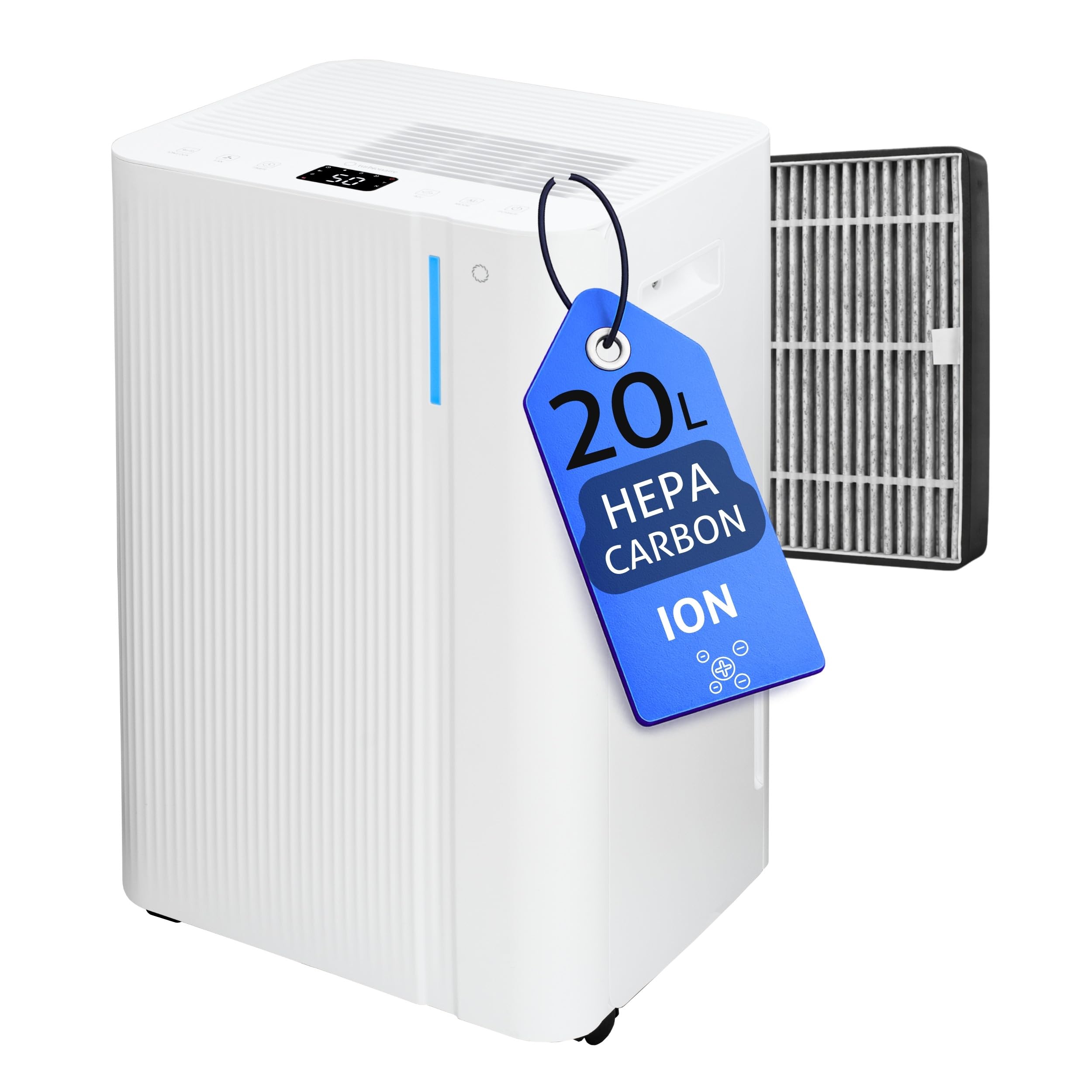 Deshumidificador y Purificador Turbionaire LEVI 20 ION Clean, 20 l/24h, Ionización, Filtro HEPA, Secado de Ropa, Silencioso 41 dB, Depósito 4.5L, Bajo Consumo, Timer, Auto-Restart
